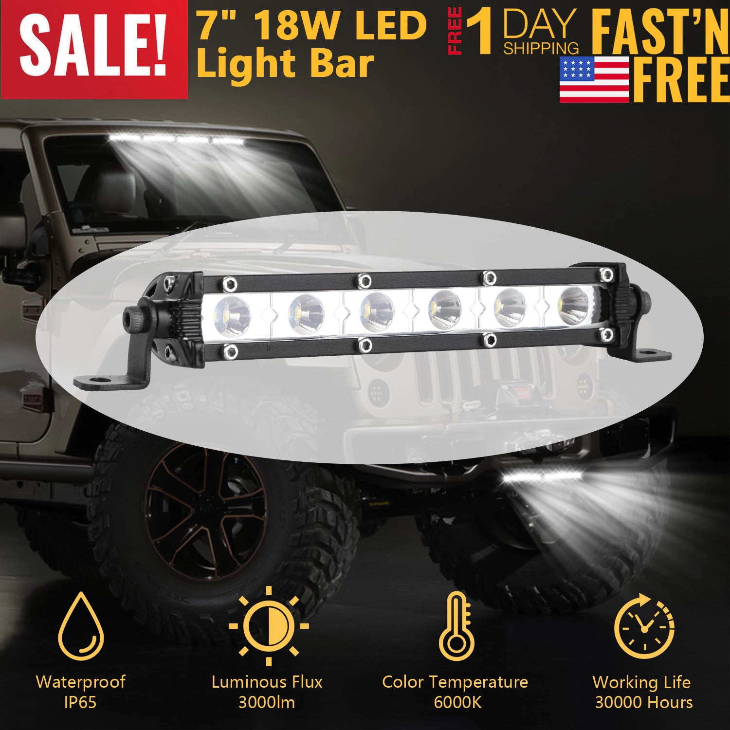 GBruno 7-Inch 18W LED Light Bar For Truck Boat