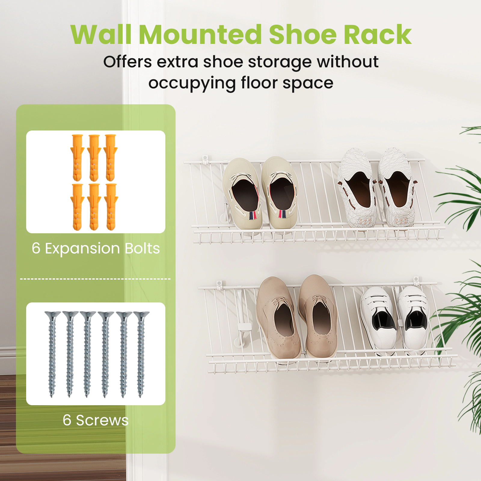 Glintex Wall-Mounted Wire Shoe Rack Set of 2 with Edge Protection Design, White