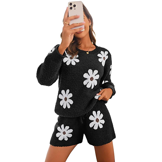 Ekouaer Fuzzy Fleece Pajamas 2 Piece Warm Soft Lounge Set Long Sleeve Sweater Top and Shorts