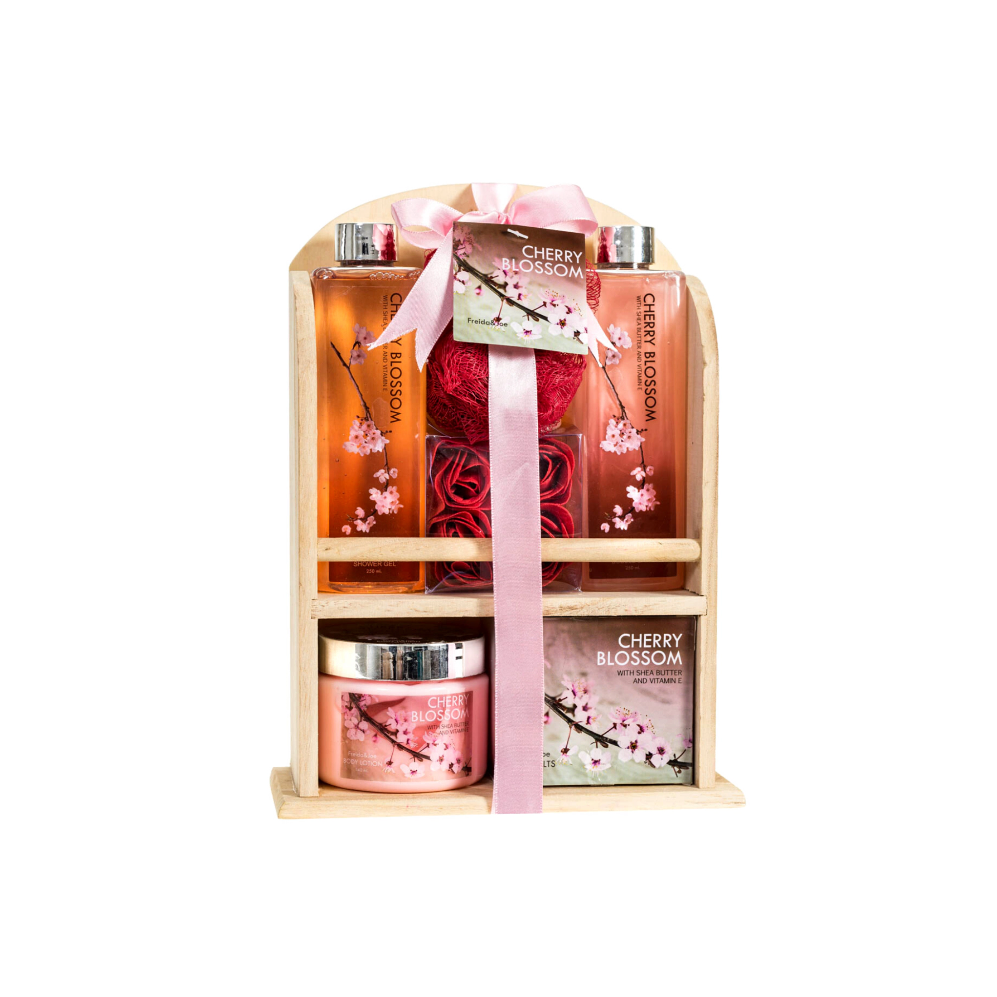 Freida and Joe Women Cherry Blossom Fragrance Bath &Body Spa Gift Set Wooden Curio