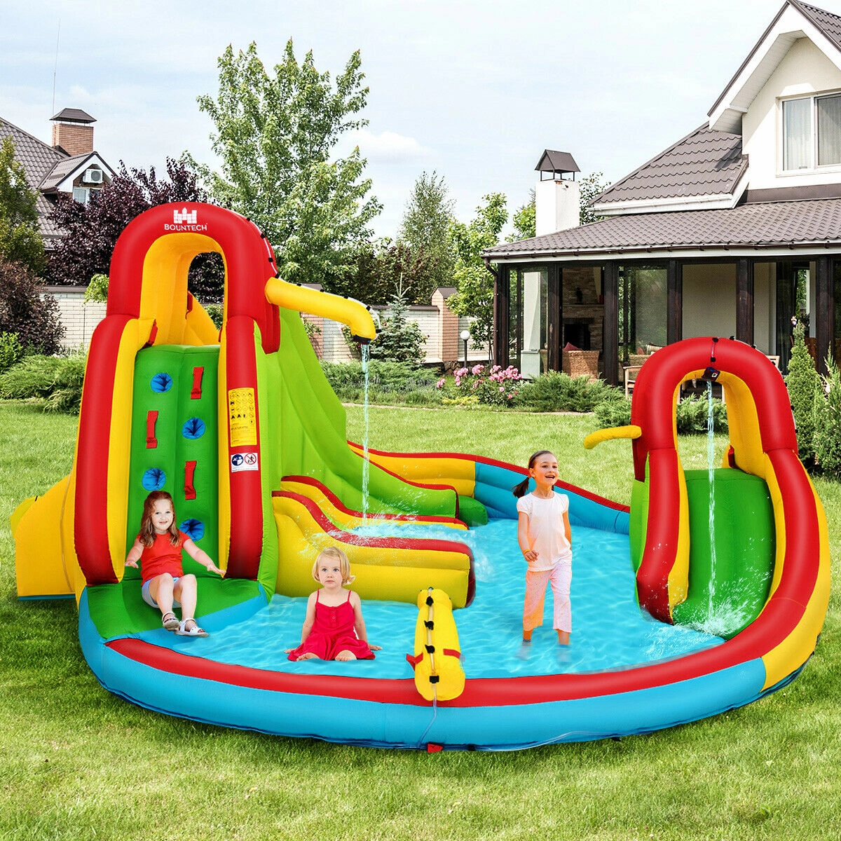 Hivvago Kid's Inflatable Water Slide Bounce House with Climbing Wall and Pool Without Blower