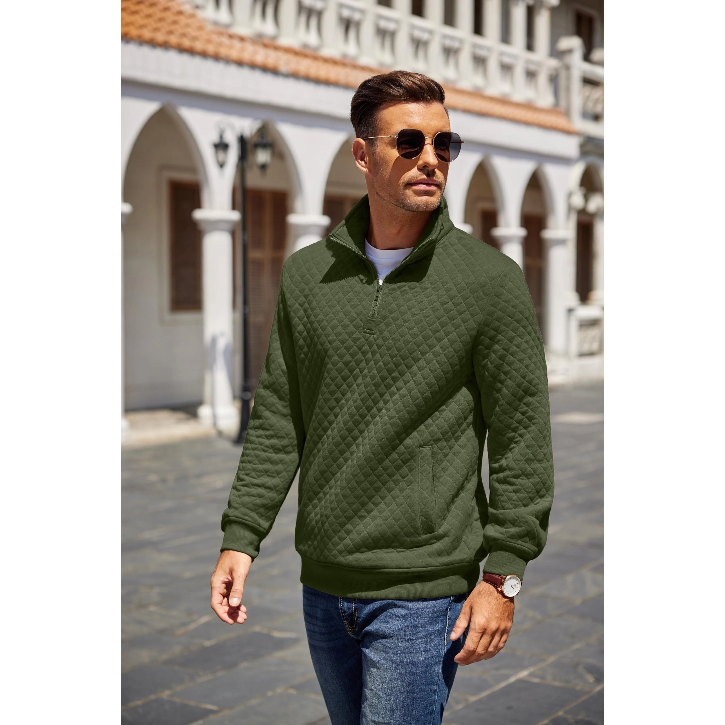 COOFANDY Men's Regular Fit Quilted Quarter Zip Pullover Sweater