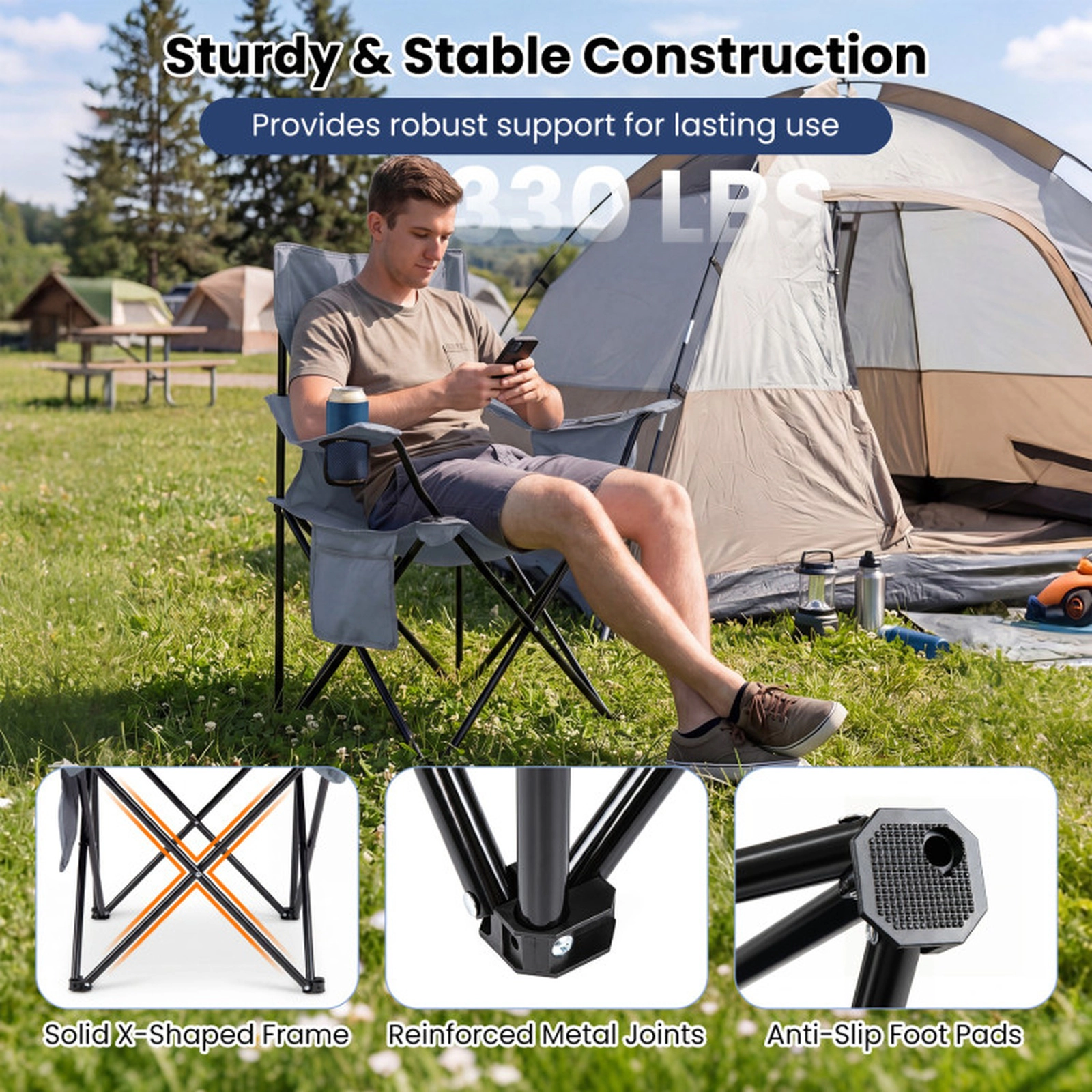 SUGIFT 330-lb Capacity 20-in Wide Seat Folding Camping Chair with Mesh Backrest Cup Holder and Carry Bag