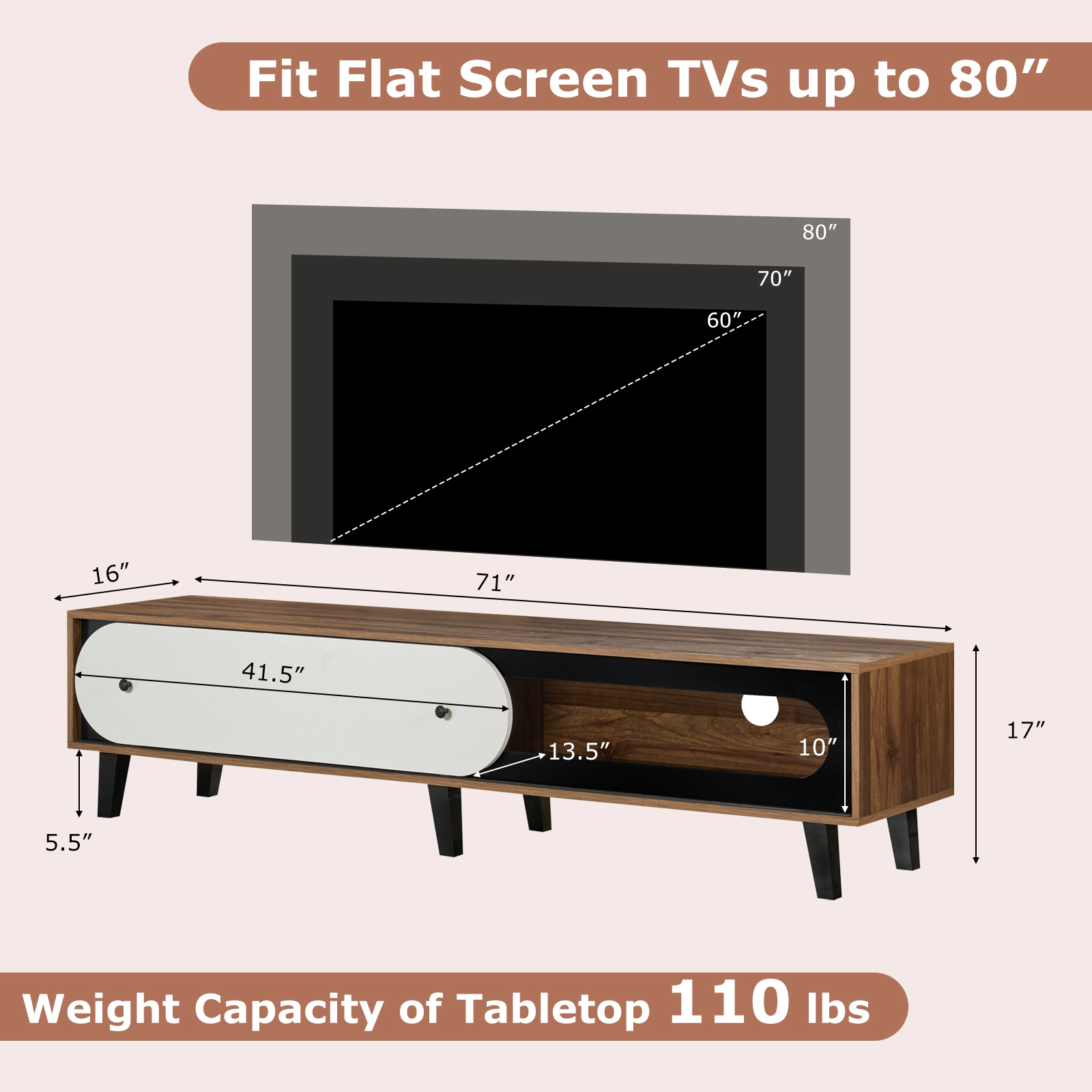 Glintex 71-Inch Mid-Century TV Stand with 41.5-Inch Sliding Door, Walnut & White