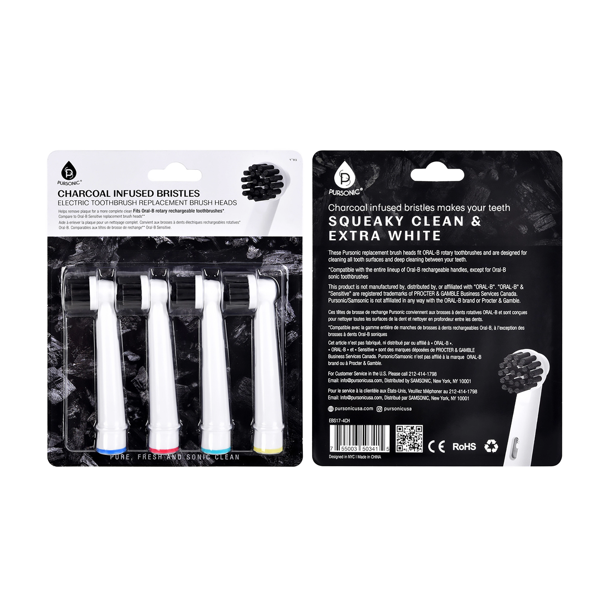 Pursonic Unisex Charcoal Infused Whitening Replacement Brush Heads for Electric Toothbrushes
