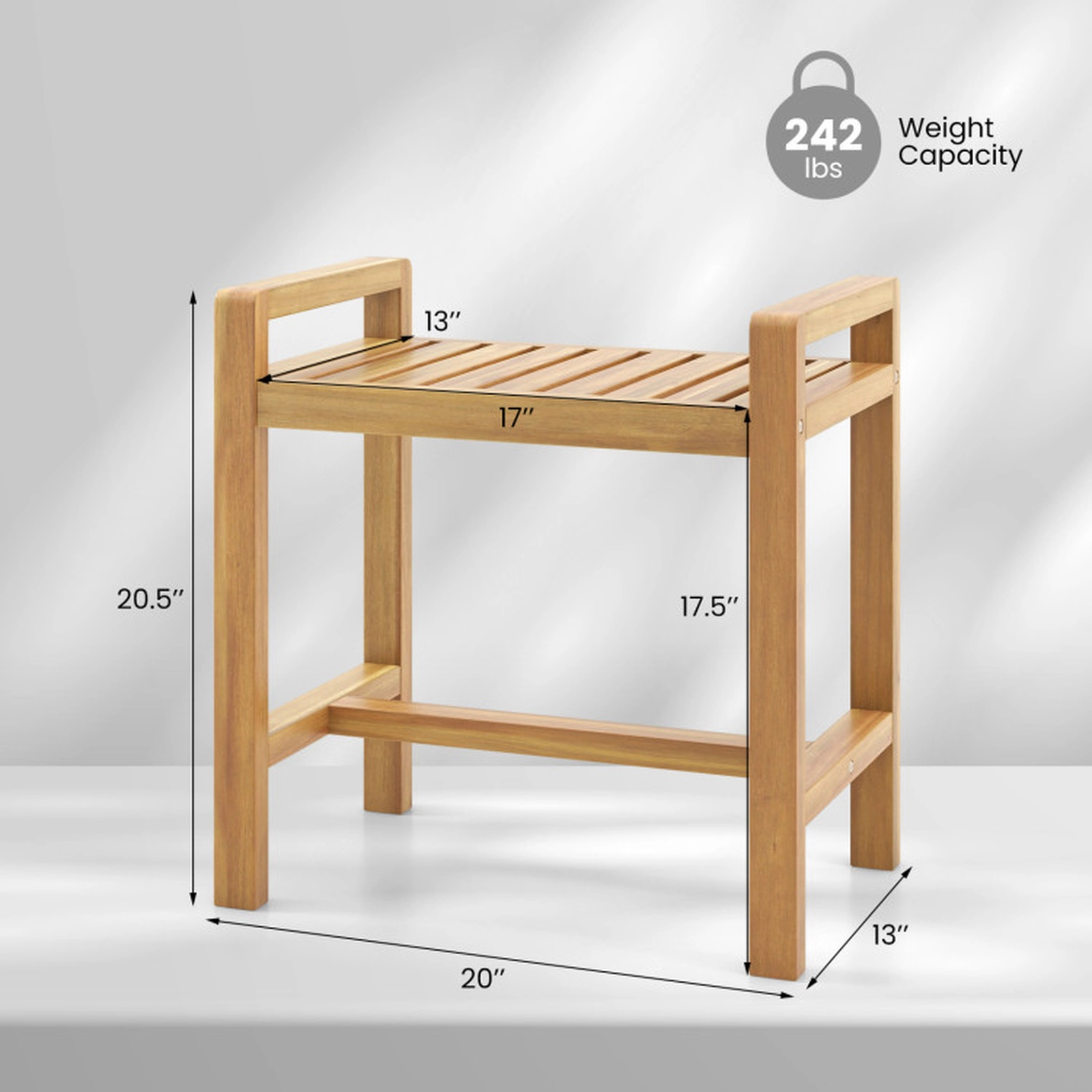 SUGIFT Teak Wood Shower Bench Stool, Slatted Seat, Dual Handles, 242-Lb Capacity