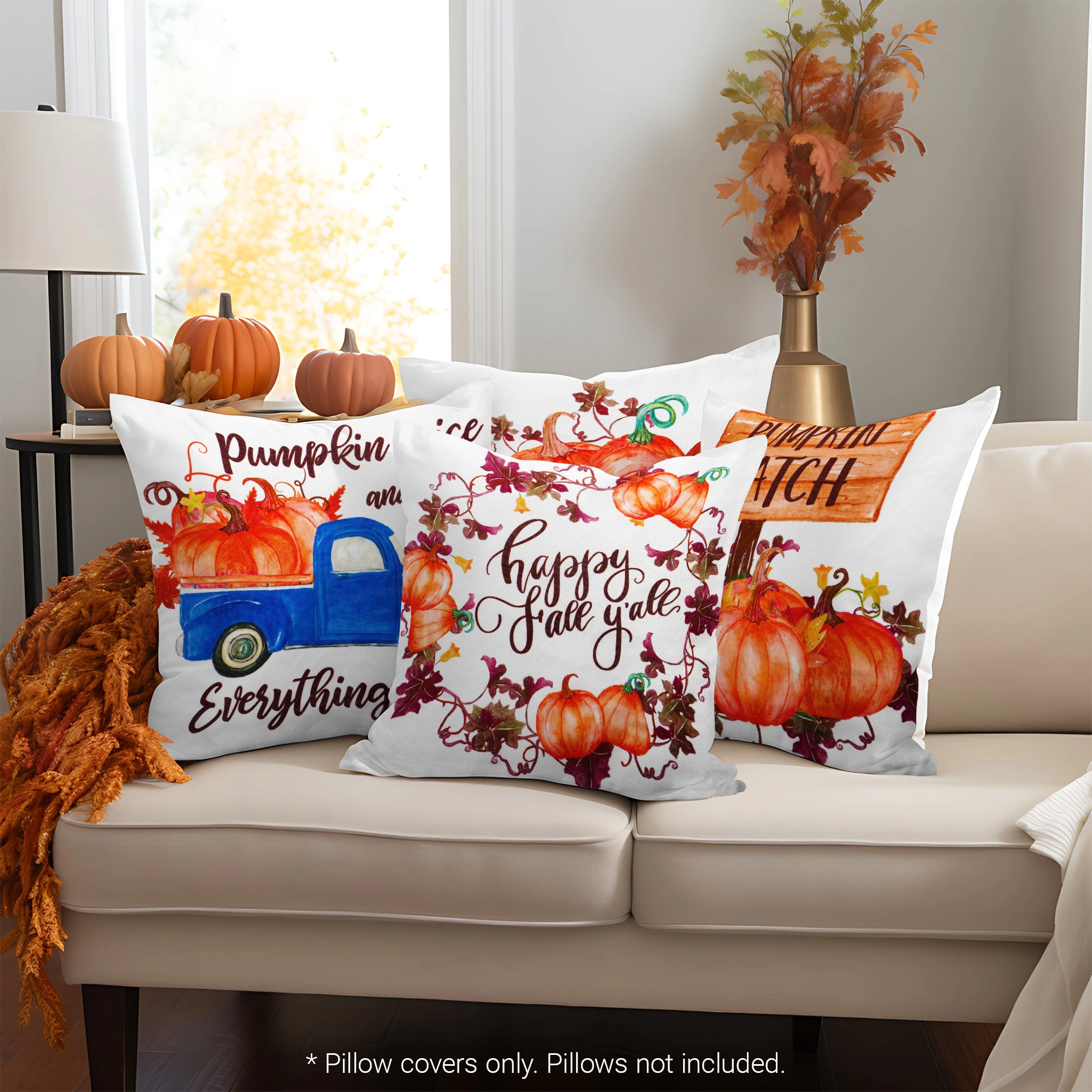 G128 Farmhouse Pumpkin Wagon Tractor Decorative Throw Pillow Covers