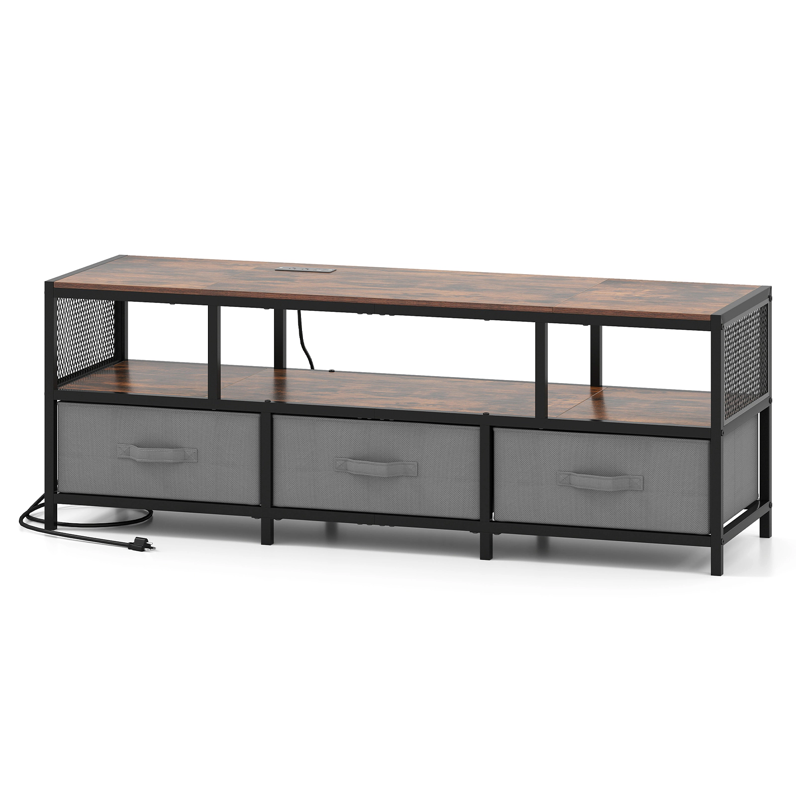 SUGIFT 55-in TV Stand with 3-Tier Storage and Charging Station for TVs up to 65 in 100-lb Tabletop Capacity Rustic Brown