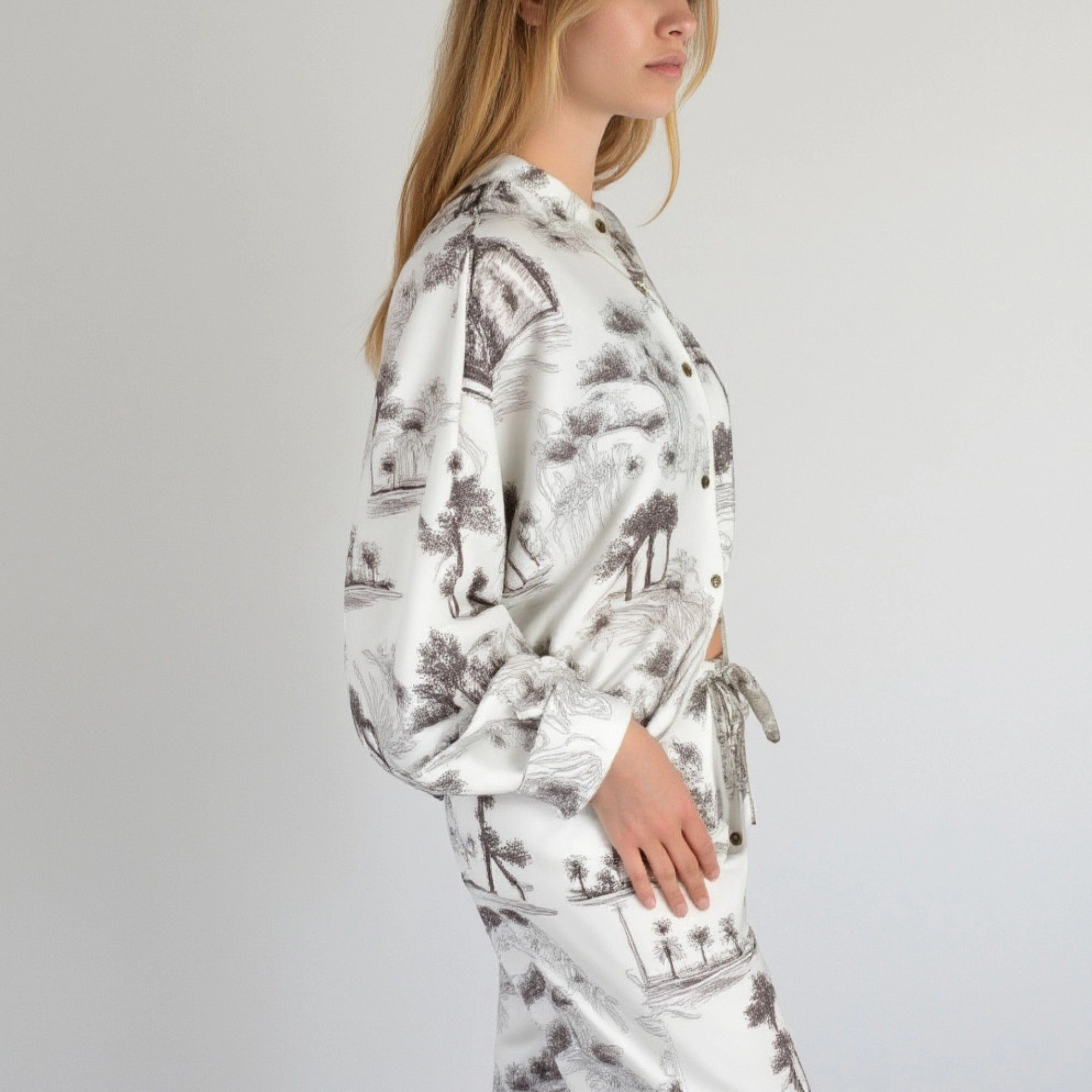 Anna-Kaci Women's Toile Print Button Up Pajama Set with Long Sleeve Top and Elastic Waist Drawstring Pants
