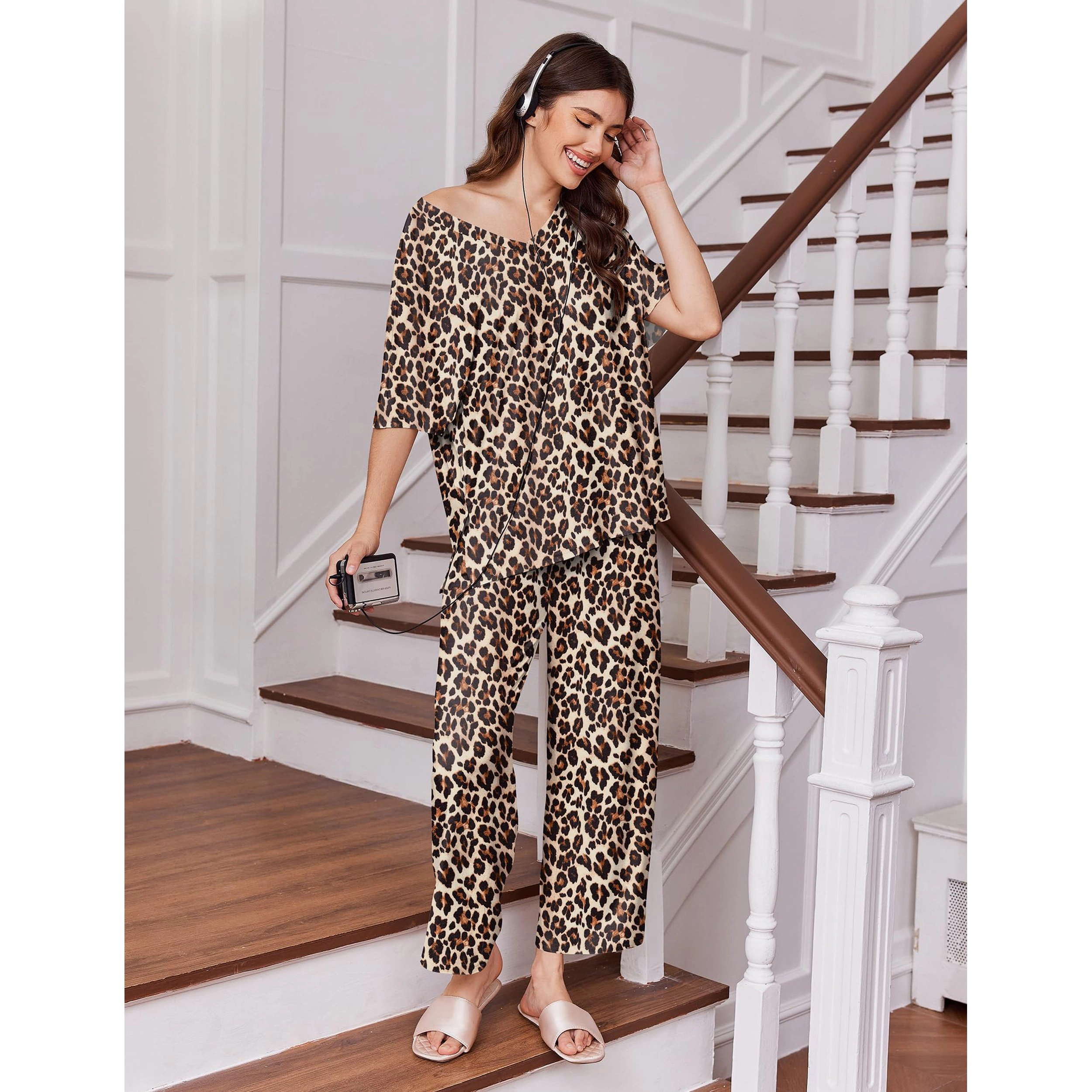 Ekouaer Two Pack Lounge Sets for Womens Short Sleeve Pajamas Set V Neck Top and Long Pants Comfy