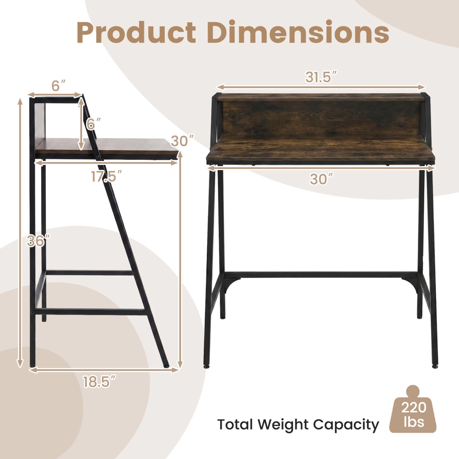 SUGIFT Rustic Brown Raised Storage Shelf and Metal Frame 31.5 Inch Industrial Writing Desk
