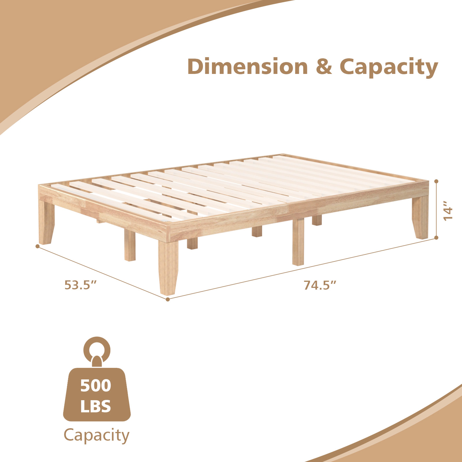 SUGIFT 14-in Full Size Wood Platform Bed Frame Wood Slat Support 500-lb Capacity 74.5-in Long Rubber Wood Poplar Wood