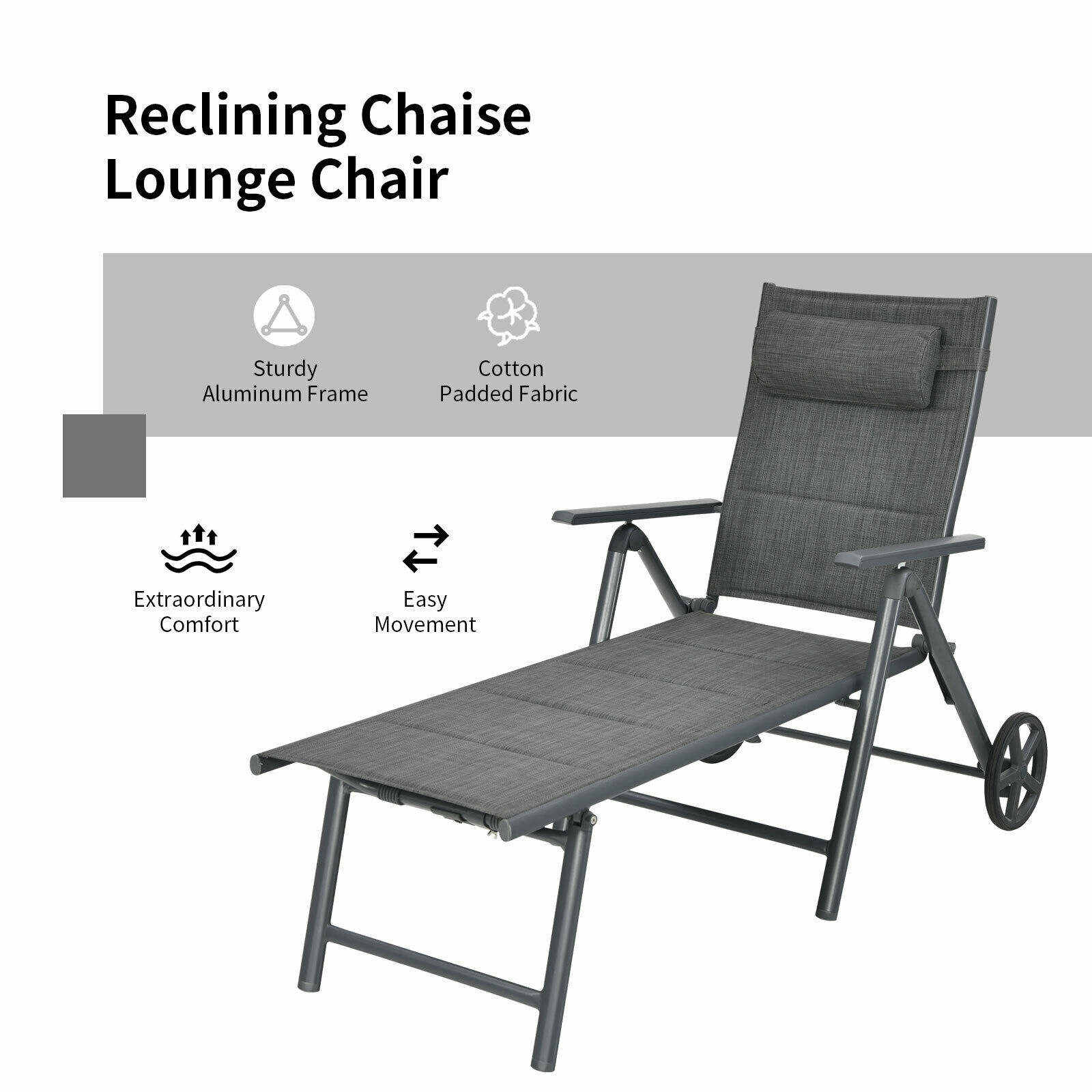 Hivvago Patio Reclining Chaise Lounge With Adjust Neck Pillow-Gray
