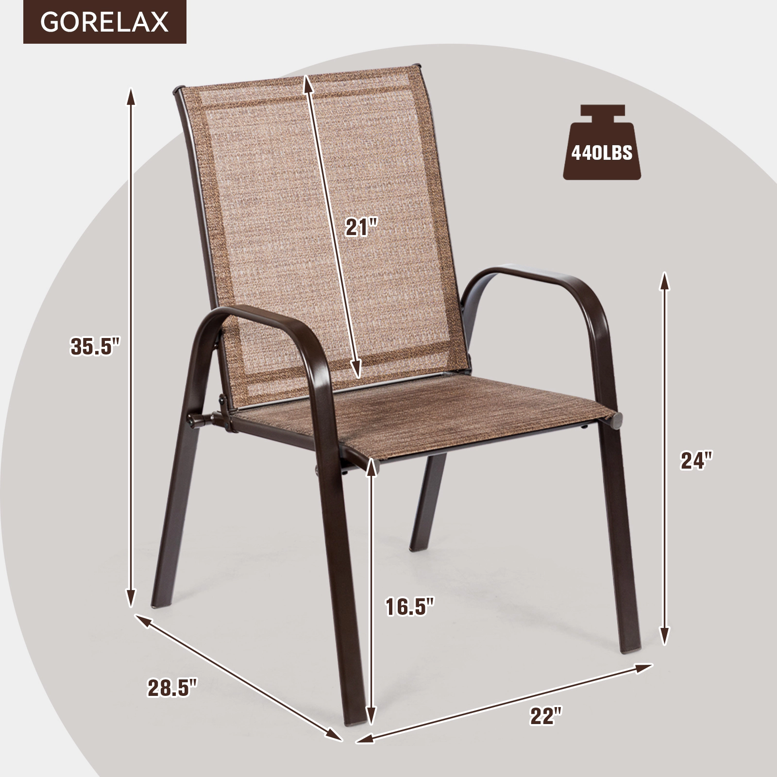SUGIFT Set of 2 Brown Patio Dining Chairs, Breathable Fabric, Steel Frame