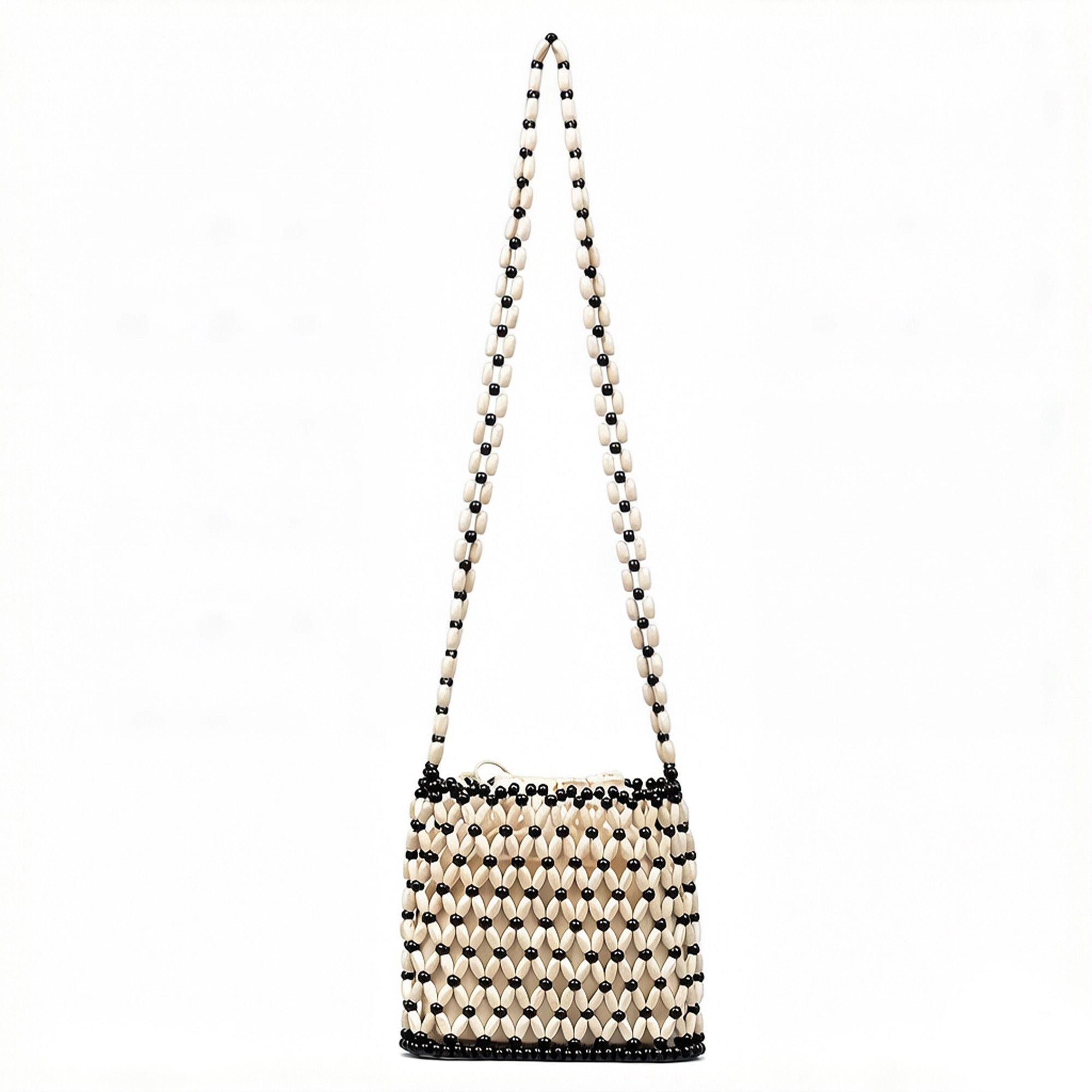 Alilang Women's Beaded Crossbody Mini Bag with Long Strap Open Weave Wooden Bead Shoulder Purse Small Handbag