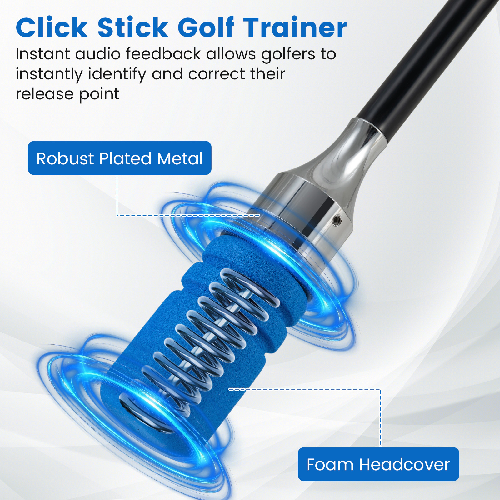 Golf Swing Speed Trainer Click Stick Weighted Metal Head Fiberglass Shaft Foam Cover for Tempo Right Handed Blue