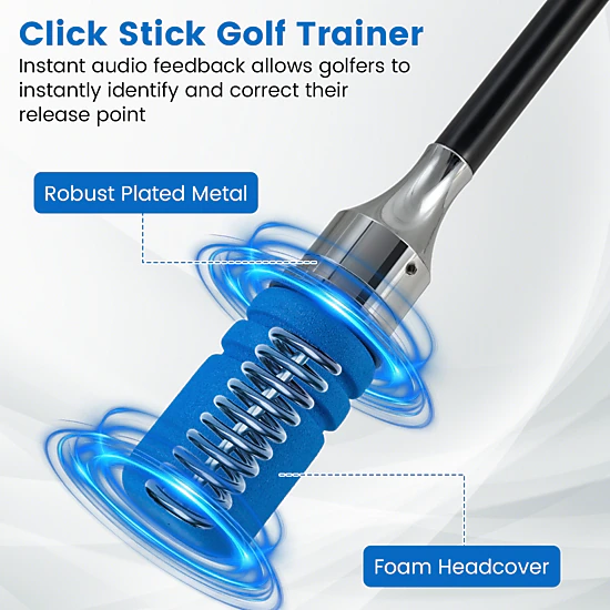 Golf Swing Speed Trainer Click Stick Weighted Metal Head Fiberglass Shaft Foam Cover for Tempo Right Handed Blue