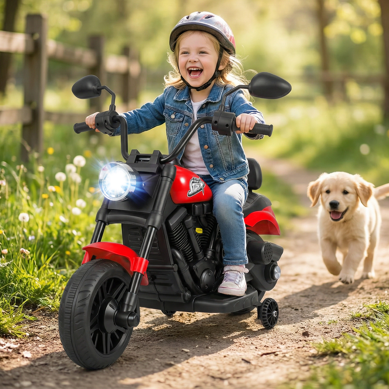 SUGIFT 6V Ride-On Kids Motorcycle with Headlight Music Training Wheels 66-lb Capacity Ages 3+ 31-in Long Red