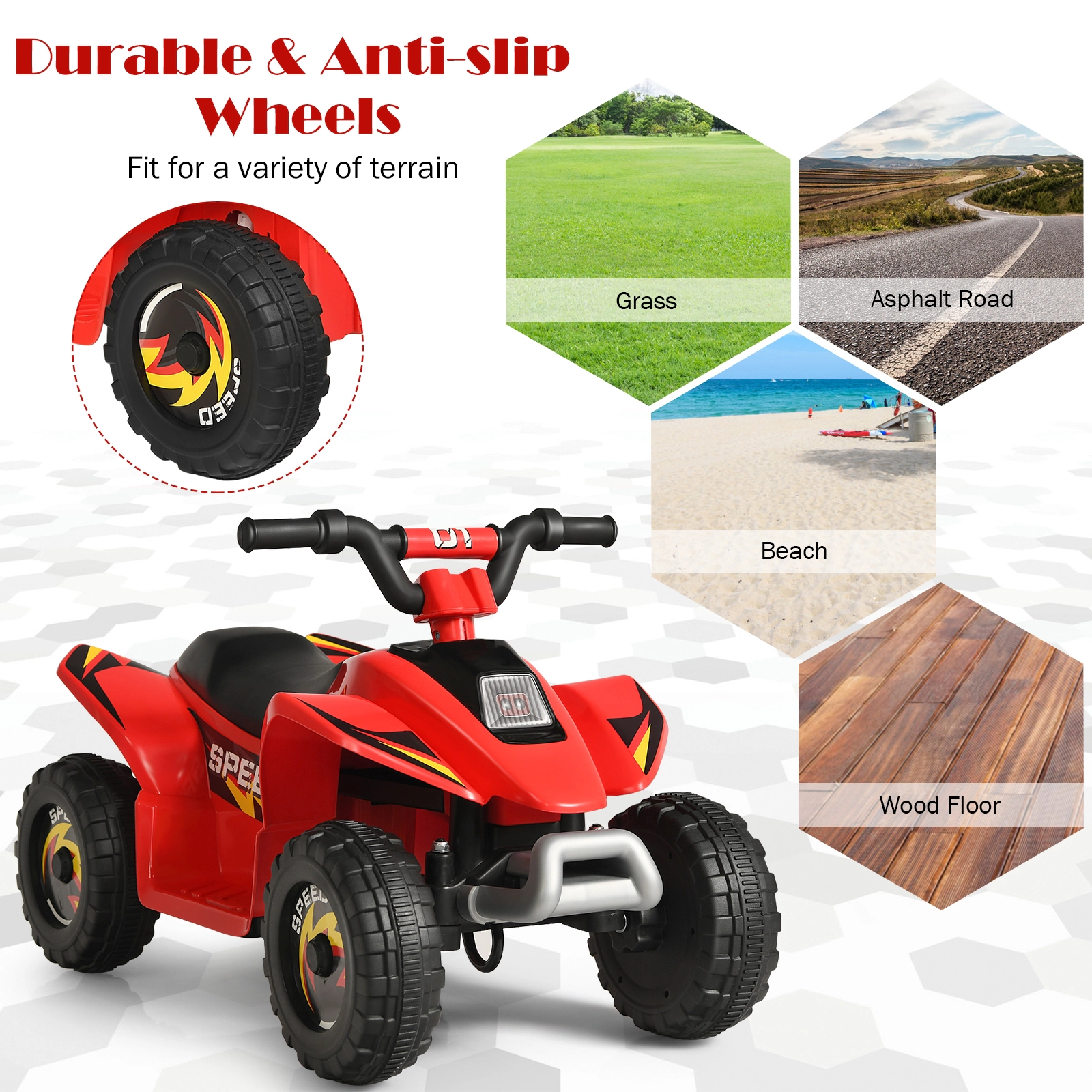 SUGIFT 6V Electric 4-Wheel Ride-On Quad ATV 66-lb Capacity Ages 3+ 28.5 x 15.5 x 18 in Body 50-Min Run Time Red