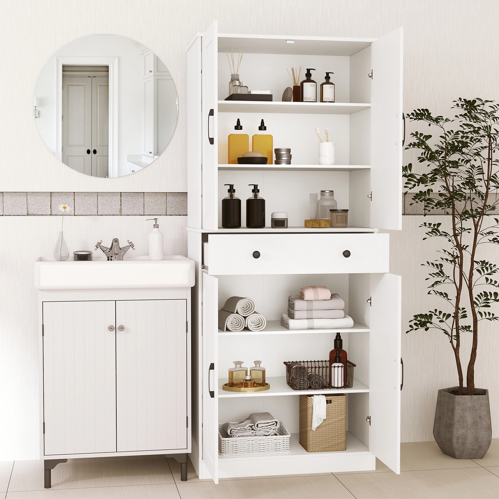 SUGIFT 72-in Tall White Kitchen Pantry Cabinet with 4 Barn Doors Drawer and 3 Adjustable Shelves