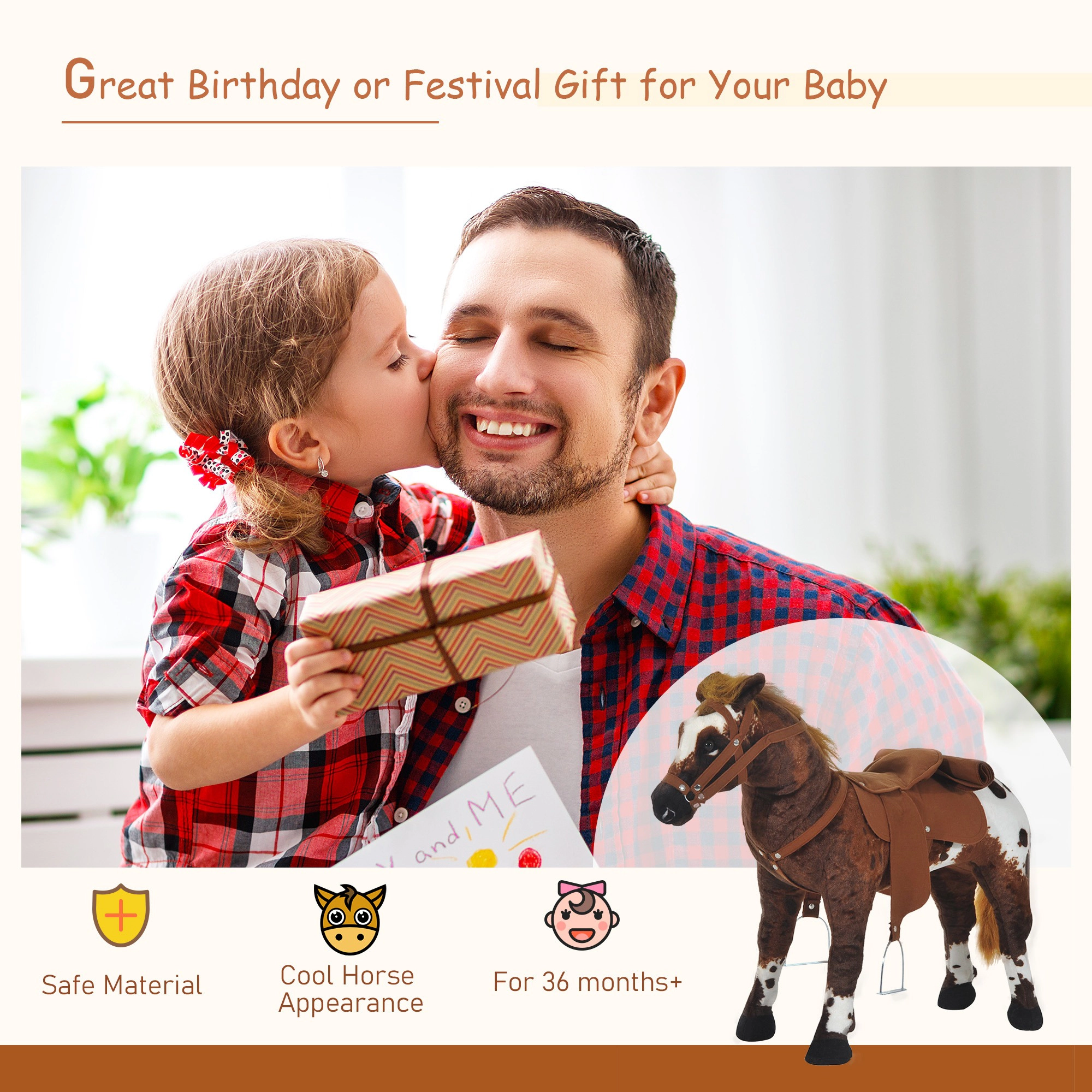 HONGGE Plush Rocking Horse Toy with Neighing & Galloping Sounds, Padded Seat, Holds up to 110 lbs, Ages 3+