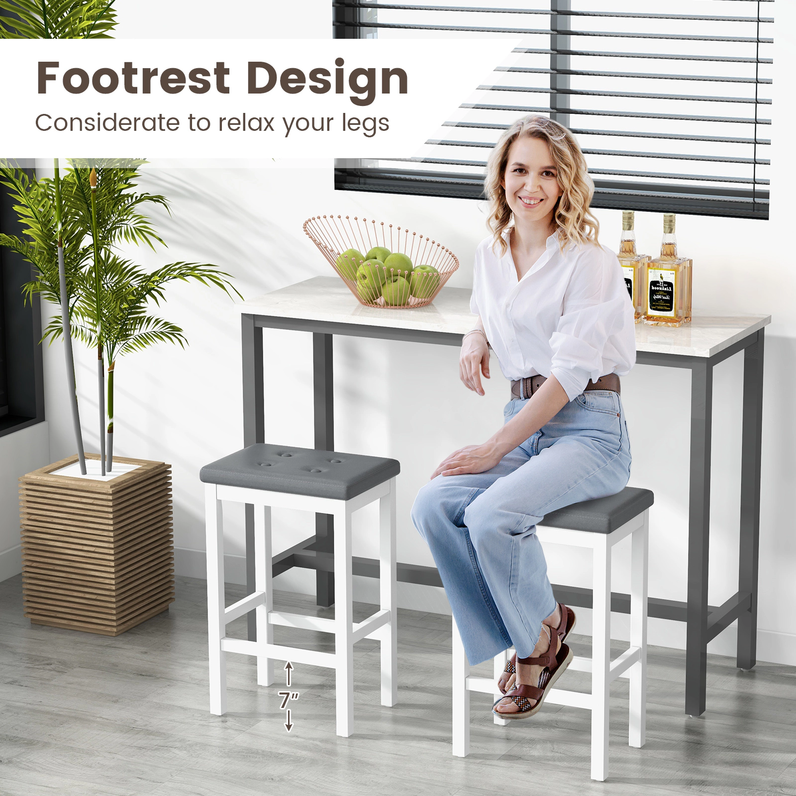 SUGIFT White Padded Seat Footrest and Rubber Wood Frame Set of 2 24 Inch Bar Stool