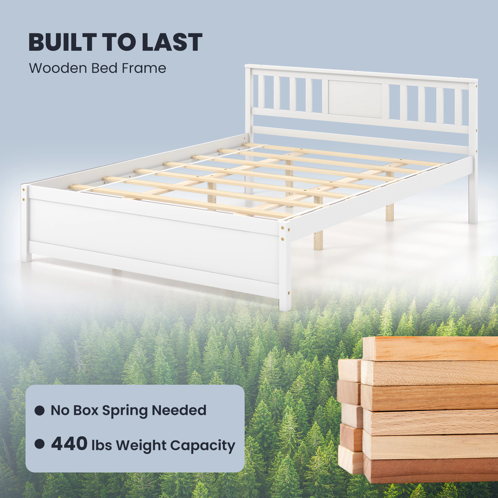 SUGIFT Queen White Wooden Platform Bed Frame with Panel Headboard and Footboard