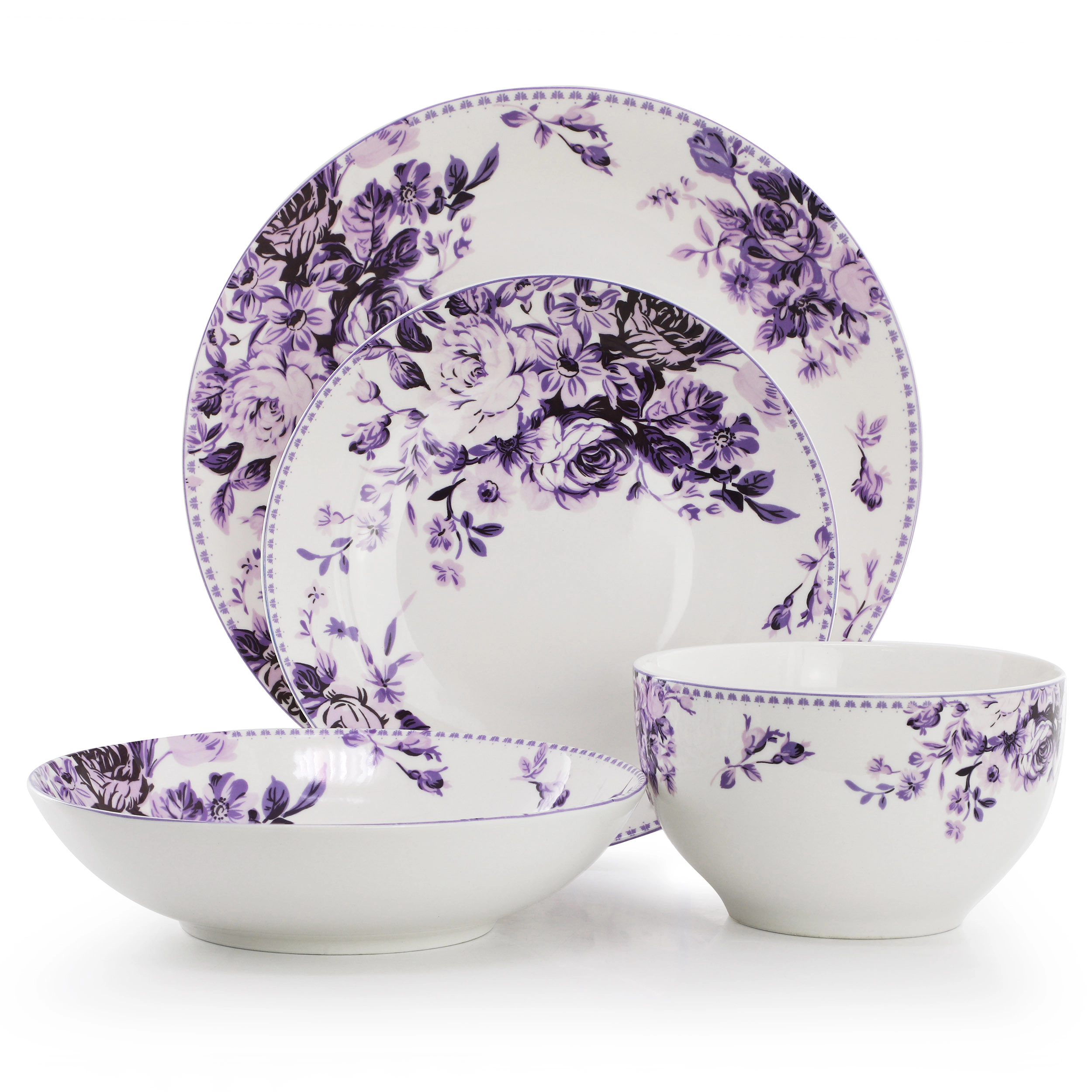 Elama Traditional Purple Rose 24 Piece Porcelain Double Bowl Dinnerware Set