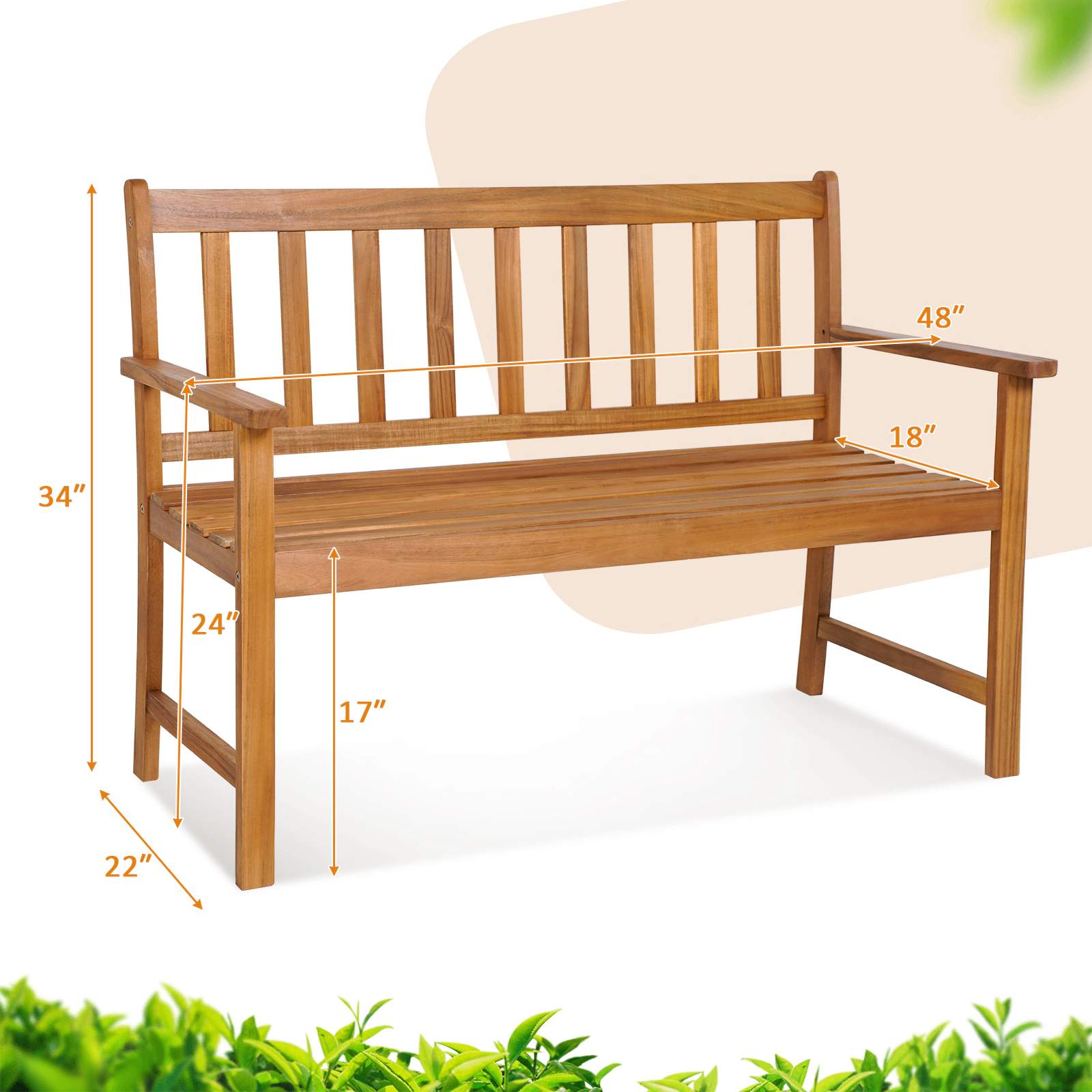 SUGIFT Slatted Backrest and Ergonomic Armrests 2-Person 43 Inch Patio Acacia Wood Bench