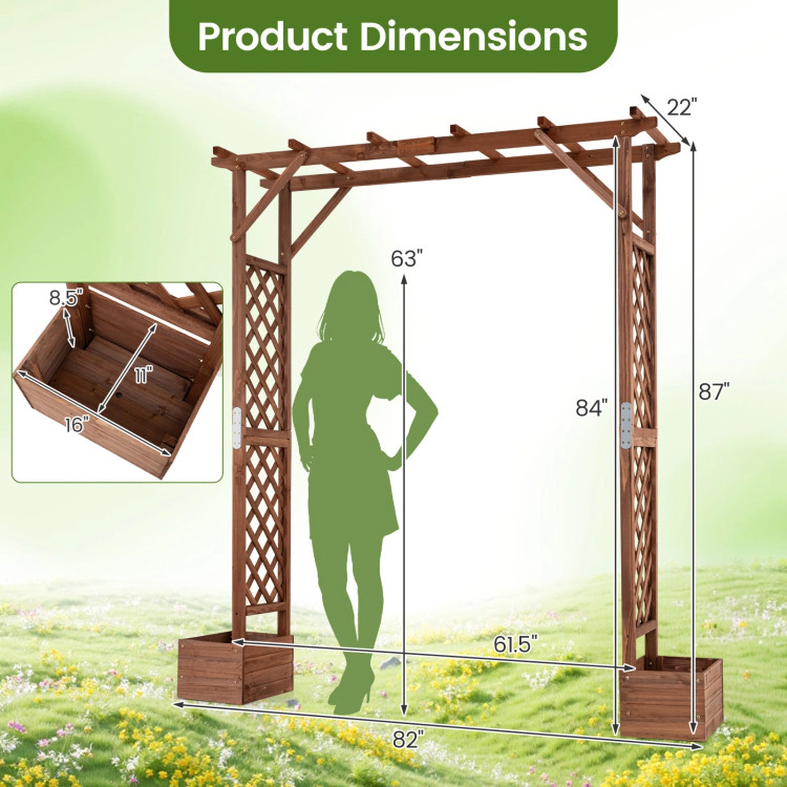 SUGIFT Orange Wooden Garden Arbor with 2 Planter Boxes and Top Roof 82-in W 22-in D 87-in H 44-lb Per Planter Box