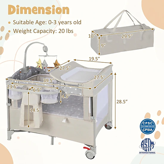 SUGIFT 5-in-1 Pack and Play Baby Bedside Sleeper with Diaper Changing Table Music Box and Storage Shelf Beige