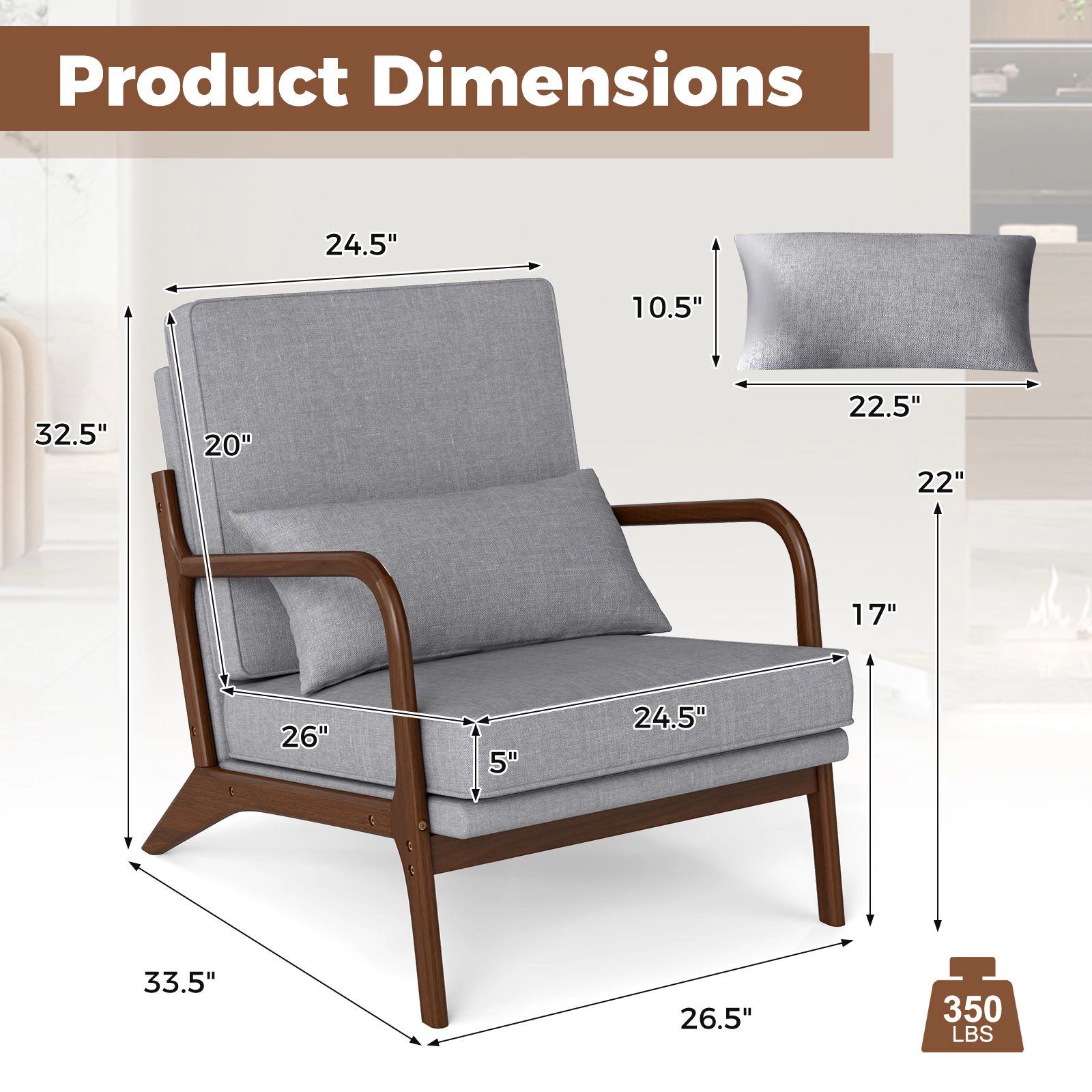 SlickBlue Modern Armchair with 5" Cushion, Lumbar Pillow & Wood Frame