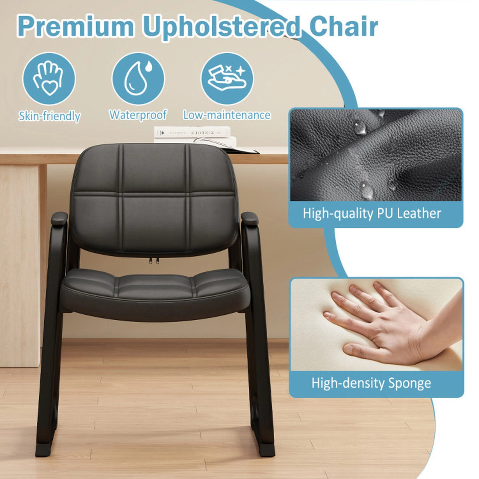 SUGIFT Set of 2 Padded PU Leather Sled Base Waiting Room Guest Chairs 23-in x 22.5-in x 32.5-in 330-lb Capacity Black