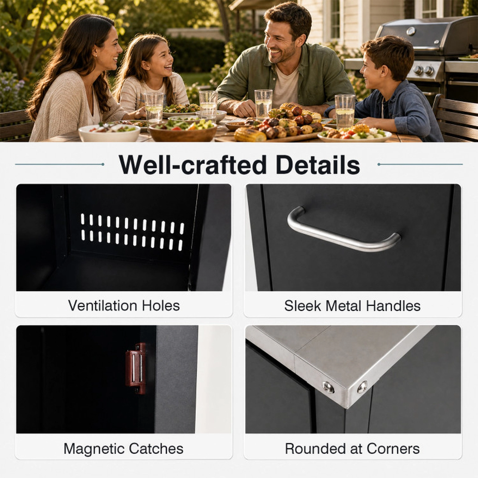 SUGIFT 880-lb Capacity 59-in Black Outdoor Grill Table with Stainless Top 3 Cabinets and 8 Wheels
