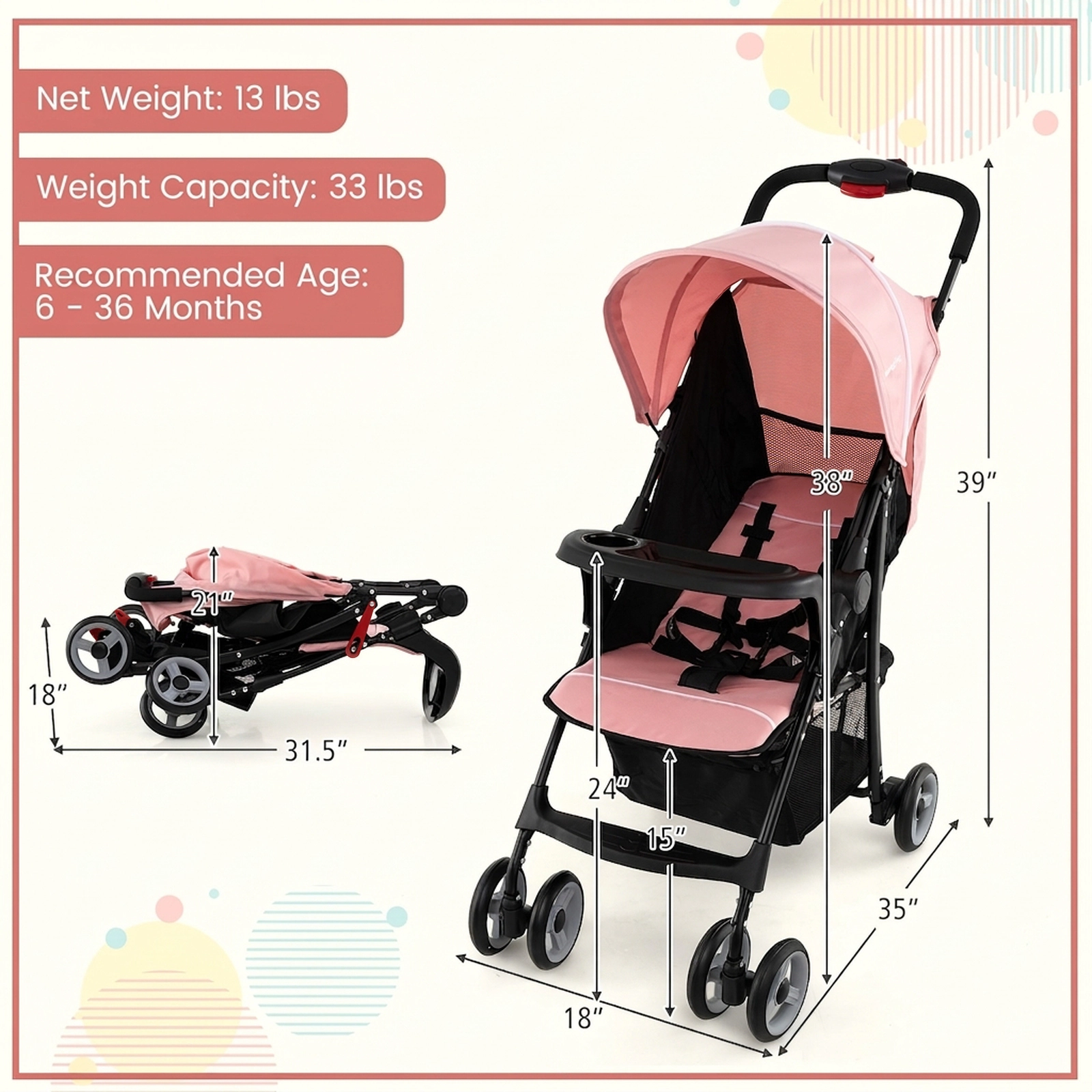 SUGIFT Pink 33-lb Capacity Steel Frame Toddler Travel Stroller with Multi-Position Recline and 5.5-in Wheels