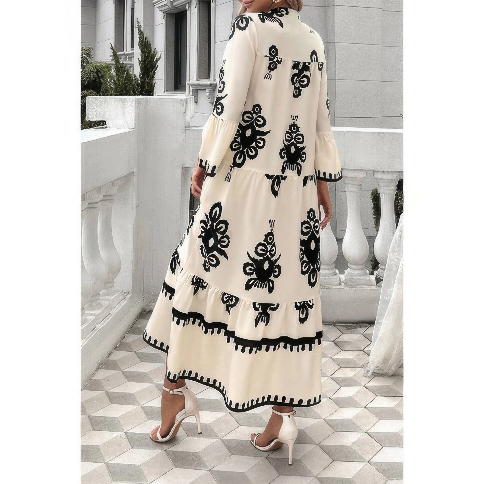 TRUEDAMES Women's V Neck Stand Collar Button Floral Splicing Dress