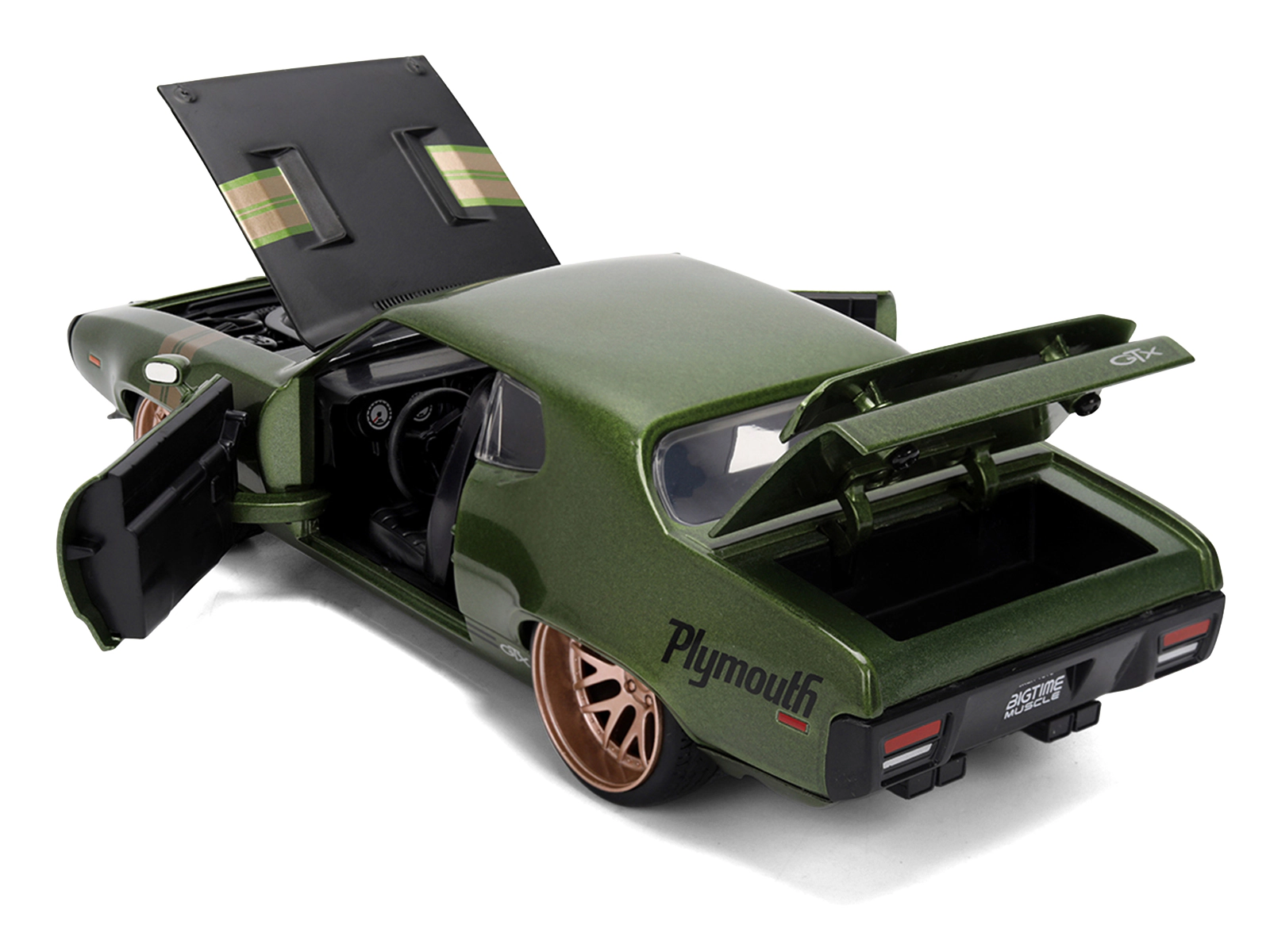 Jada 1972 Plymouth Gtx Green Metallic With Matt Black Hood And Gold Stripes "Bigtime Muscle" Series 1/24