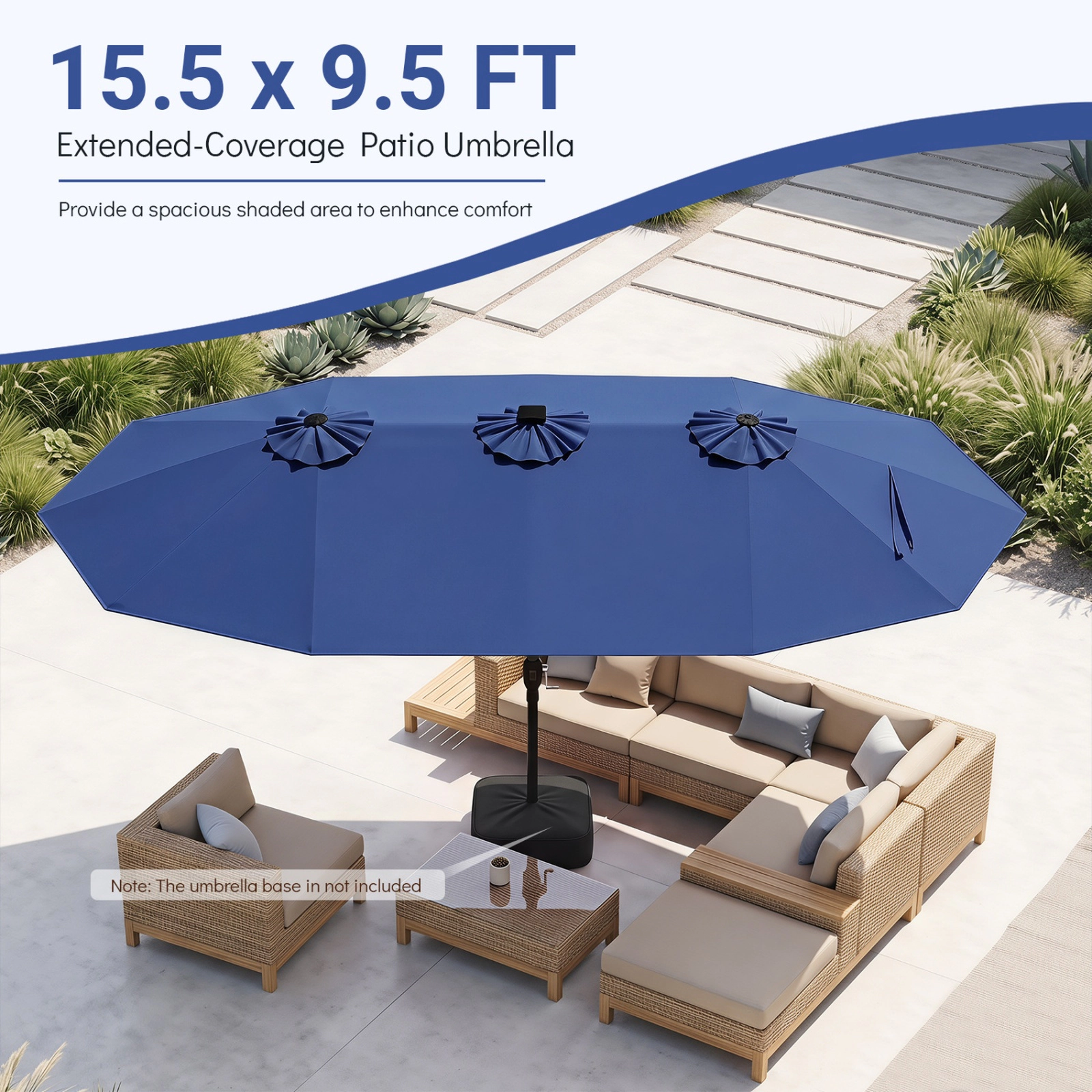 SUGIFT 15.5-ft Navy Extra-Large Rectangular Patio Umbrella with 144 Solar LED Beads and 12 Light Modes