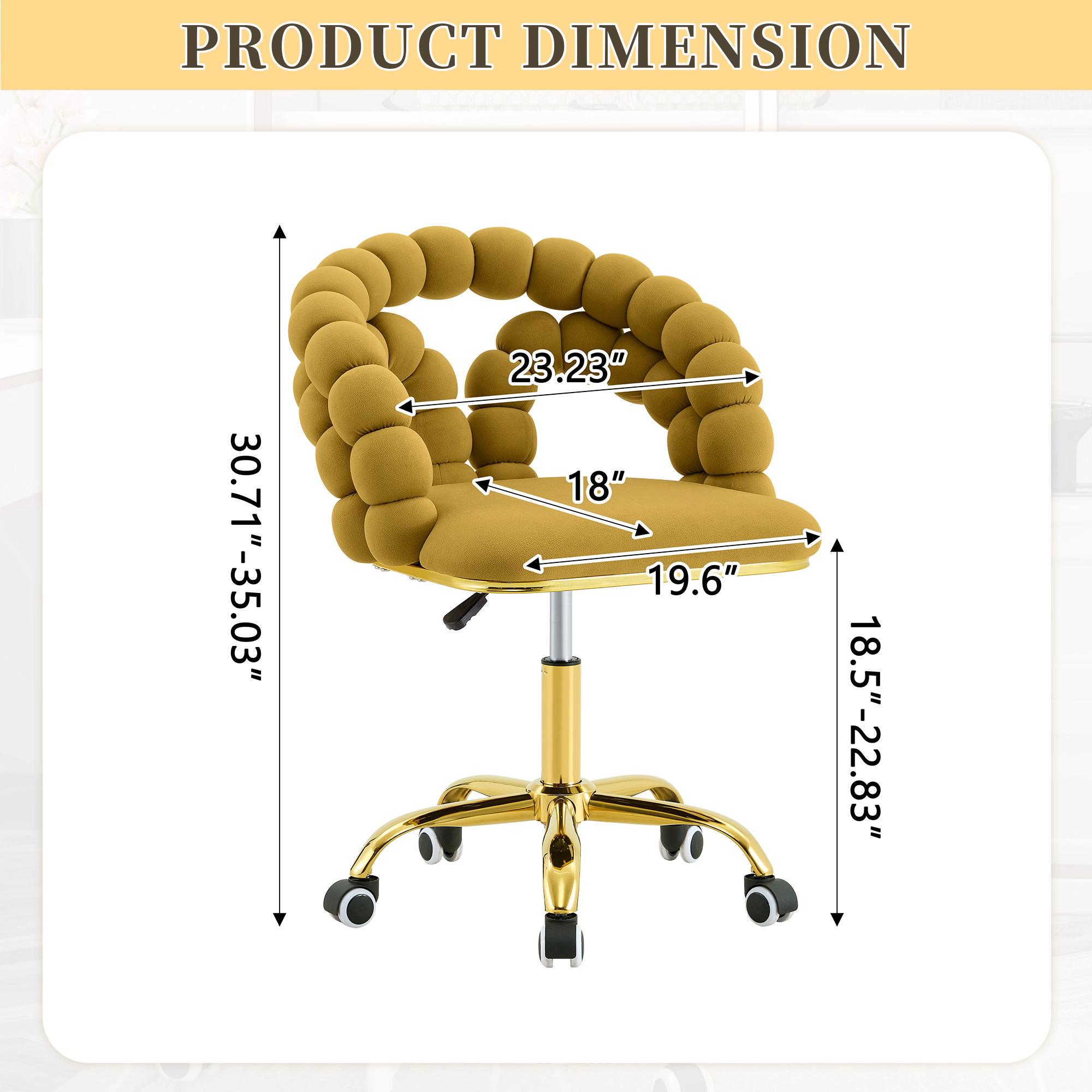 Platinum-Level Office Chairs Mustard Yellow Velvet Bubble Back Swivel Vanity Chair with Gold Base
