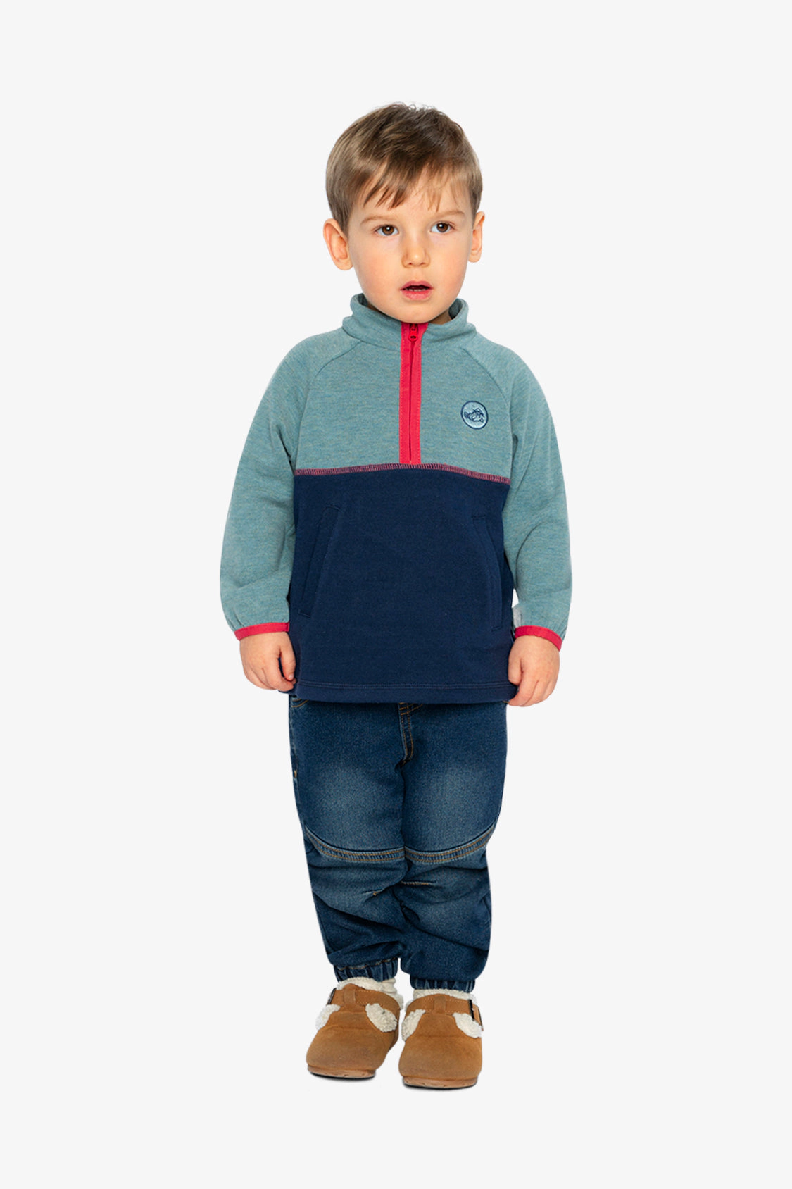 Deux par Boys Quarter Zip Mock Neck Brushed Jersey Top with Side Pockets