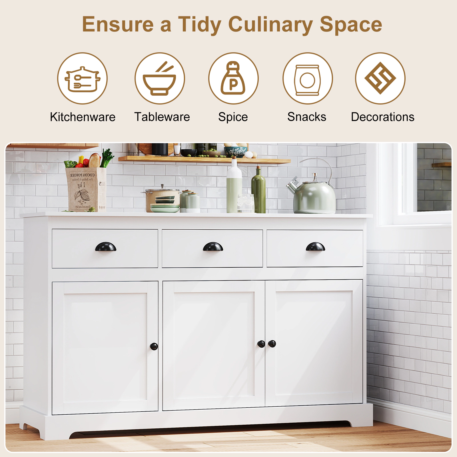 SUGIFT 3-Drawer Cup Pulls Adjustable Shelves Buffet Sideboard 53.5-in x 17-in x 34-in 22-lb per Shelf White