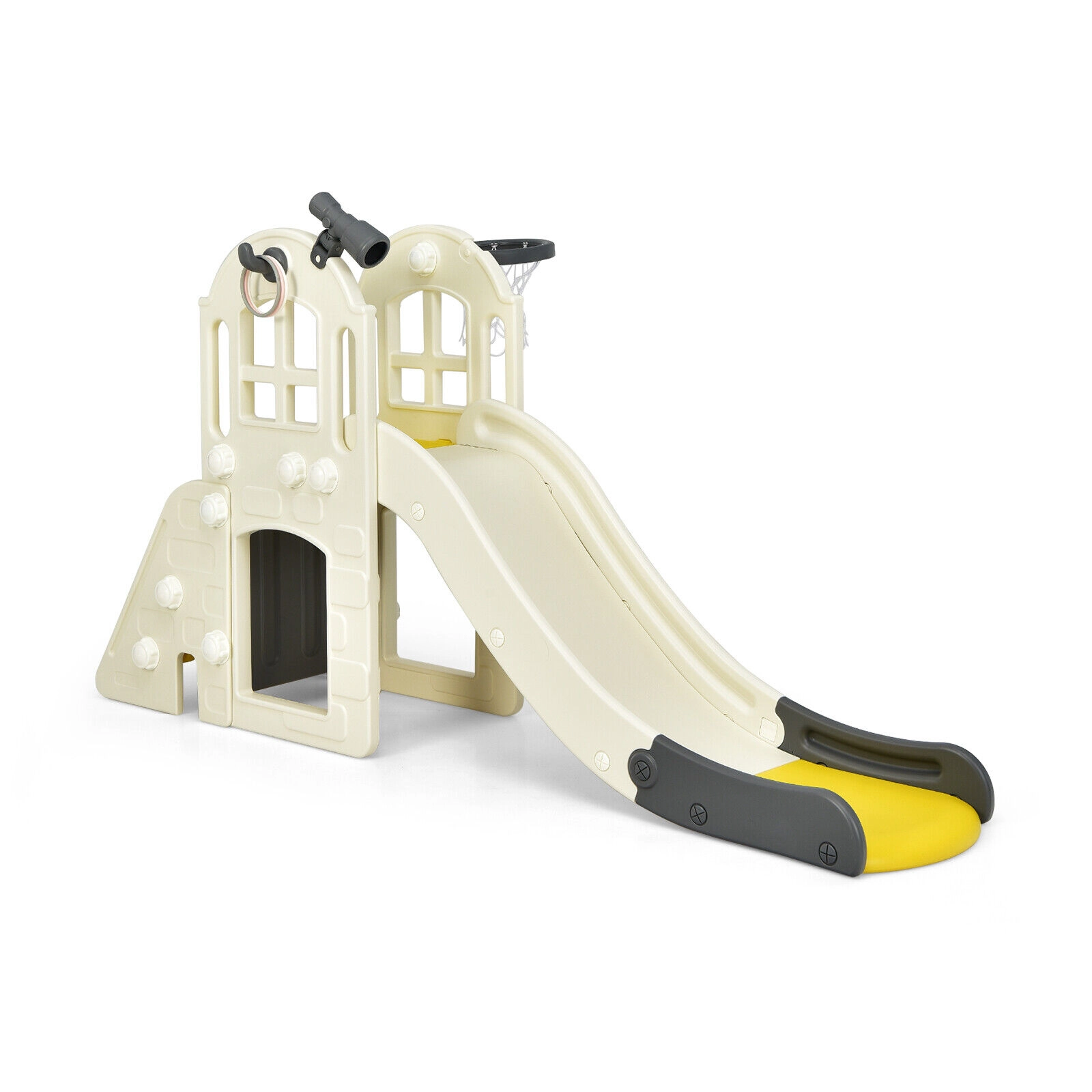 SUGIFT 6-in-1 Large Toddler Climber Slide Playset Basketball Hoop 75-in Frame 160-lb Platform Capacity Ages 3+ Yellow