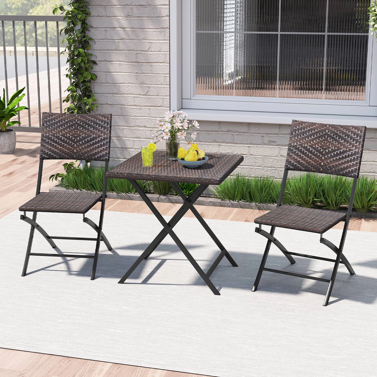 SUGIFT 3-Piece Mix Brown Folding Rattan Bistro Set, 24-Inch Square Table
