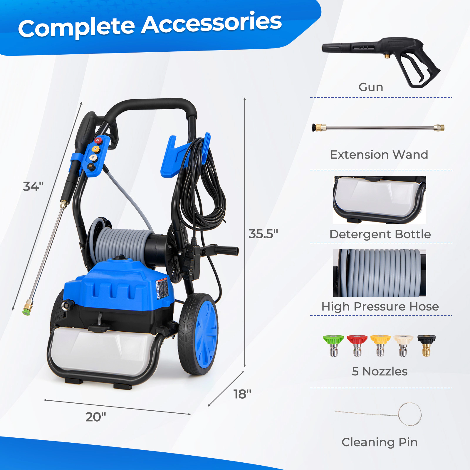 LJG 2300 PSI 1.8 GPM Electric Pressure Washer with Wheels and 5 Quick Connect Nozzles