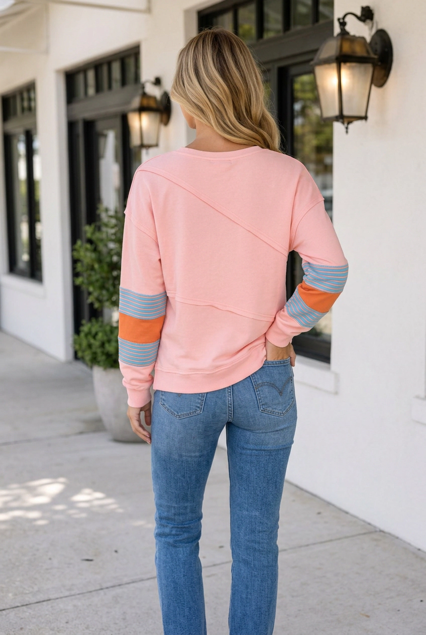 Threaded Pear Marci Patchwork Raw Detail Long Sleeve Top
