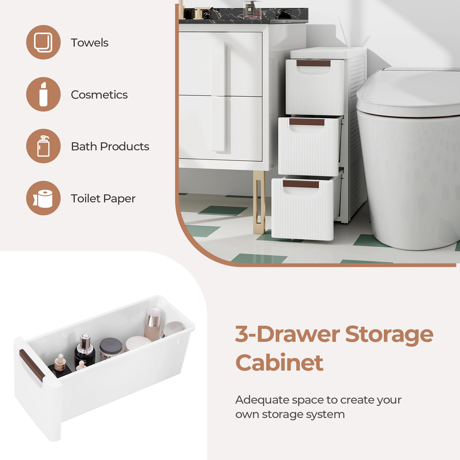 SUGIFT 3-Drawer Rolling Storage Cabinet White Narrow Organizer Unit with Built-In Wheels