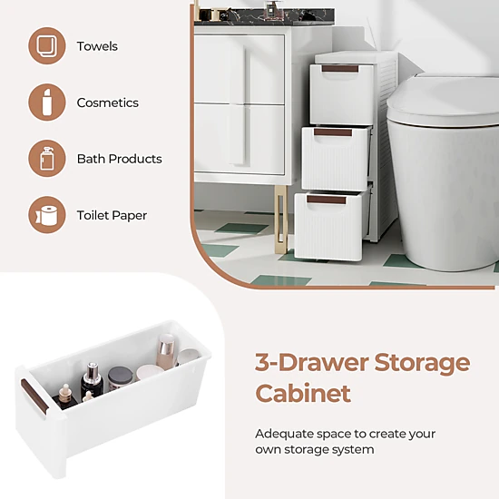 SUGIFT 3-Drawer Rolling Storage Cabinet White Narrow Organizer Unit with Built-In Wheels