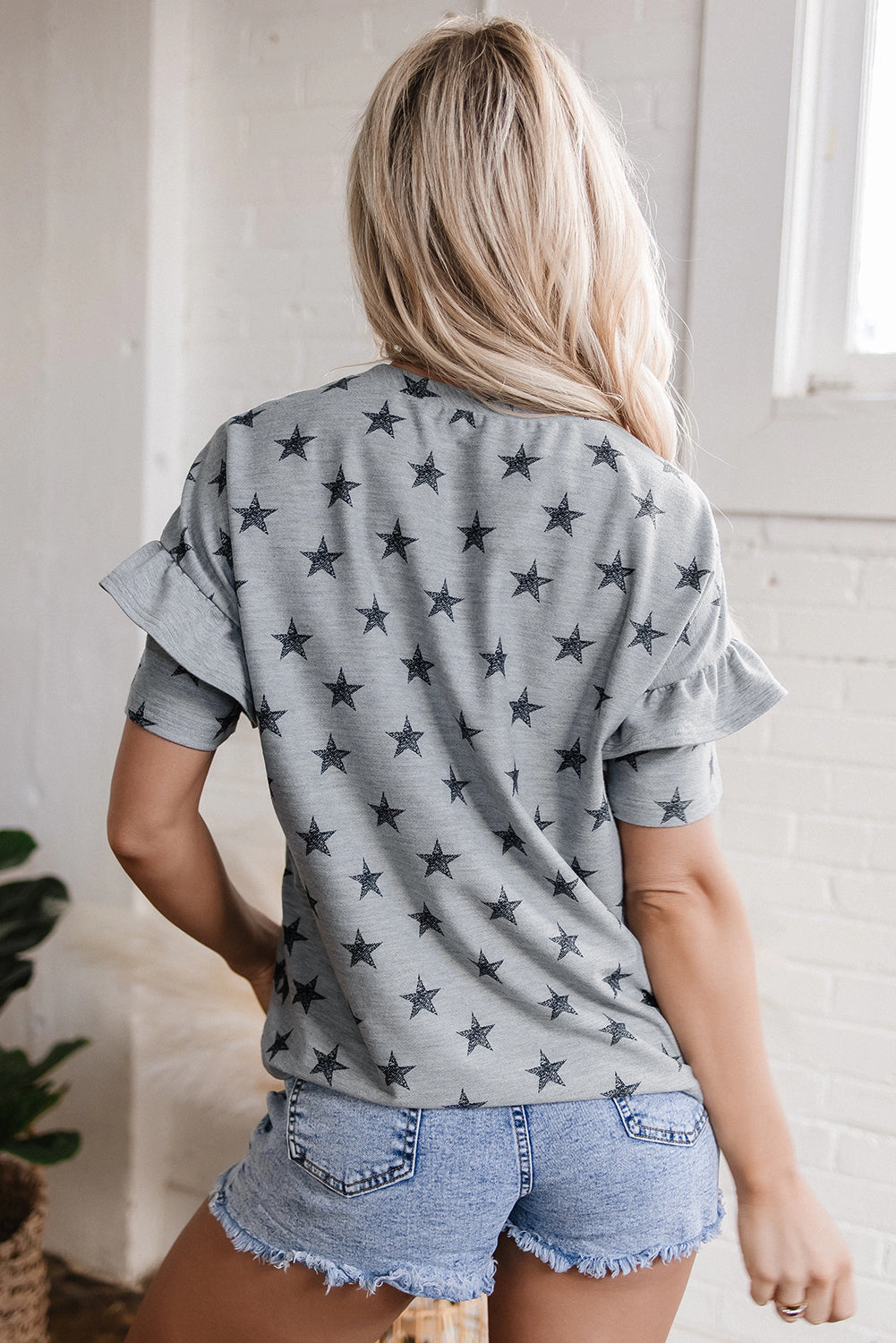 Threaded Pear Women's Joelle Star Ruffled Sleeve Crew Neck Top