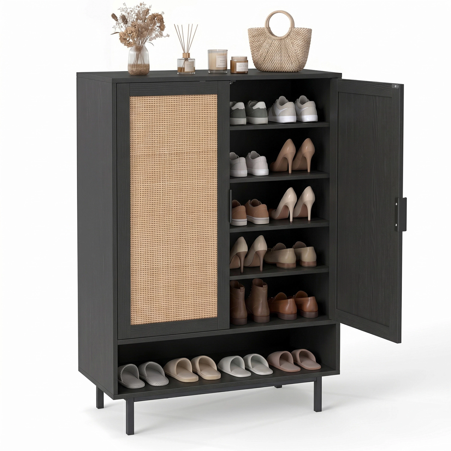 Glintex 43-Inch 6-Tier Shoe Cabinet with Rattan Detailing and 135-Lb Max Load