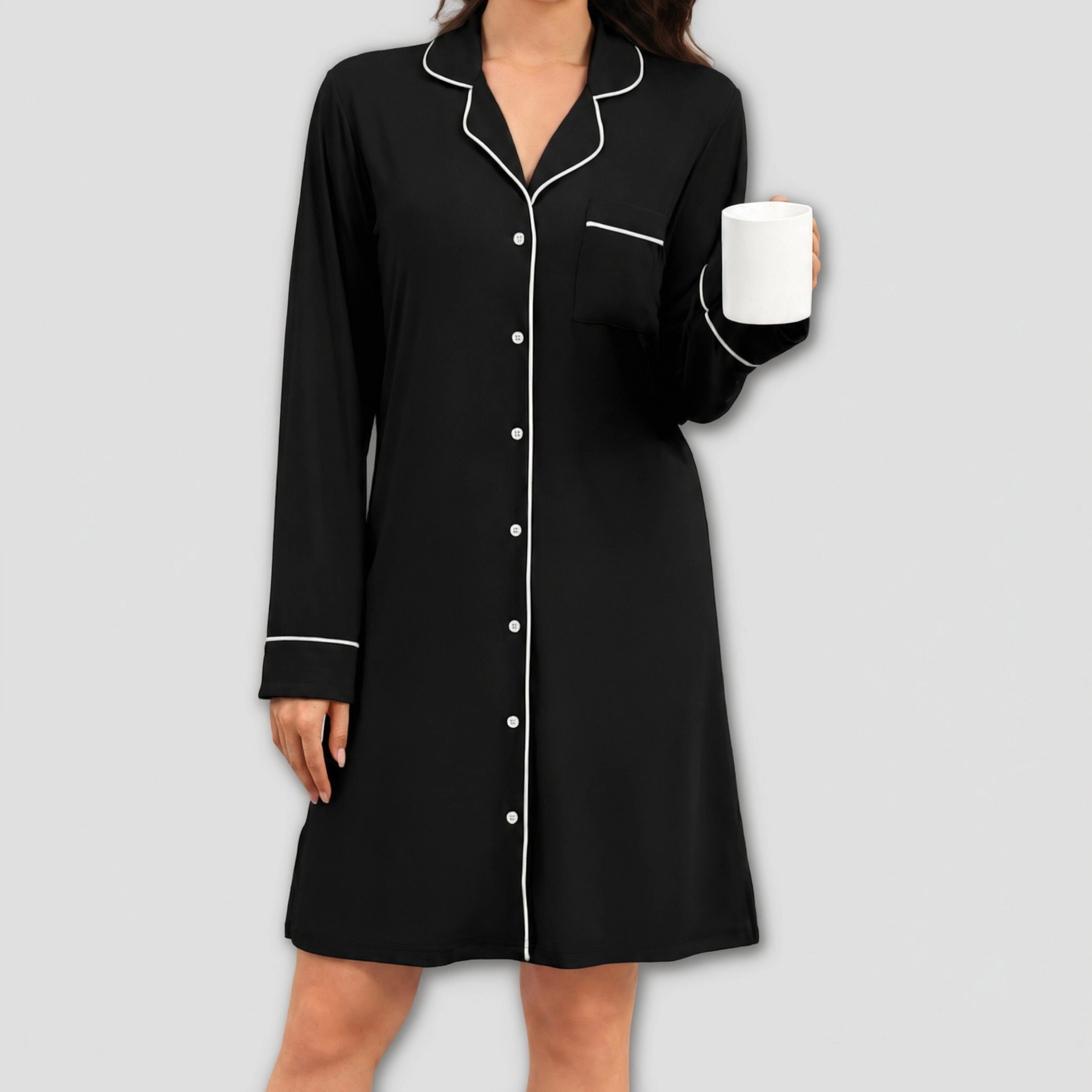 Ekouaer Women's Long Sleeve Striped Button Down Nightgown with Pocket